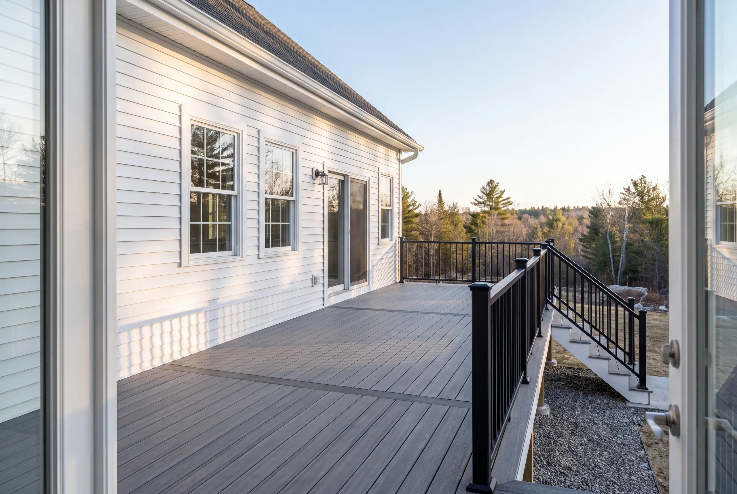 Finished deck and railing at an Augusta home seen from the back door