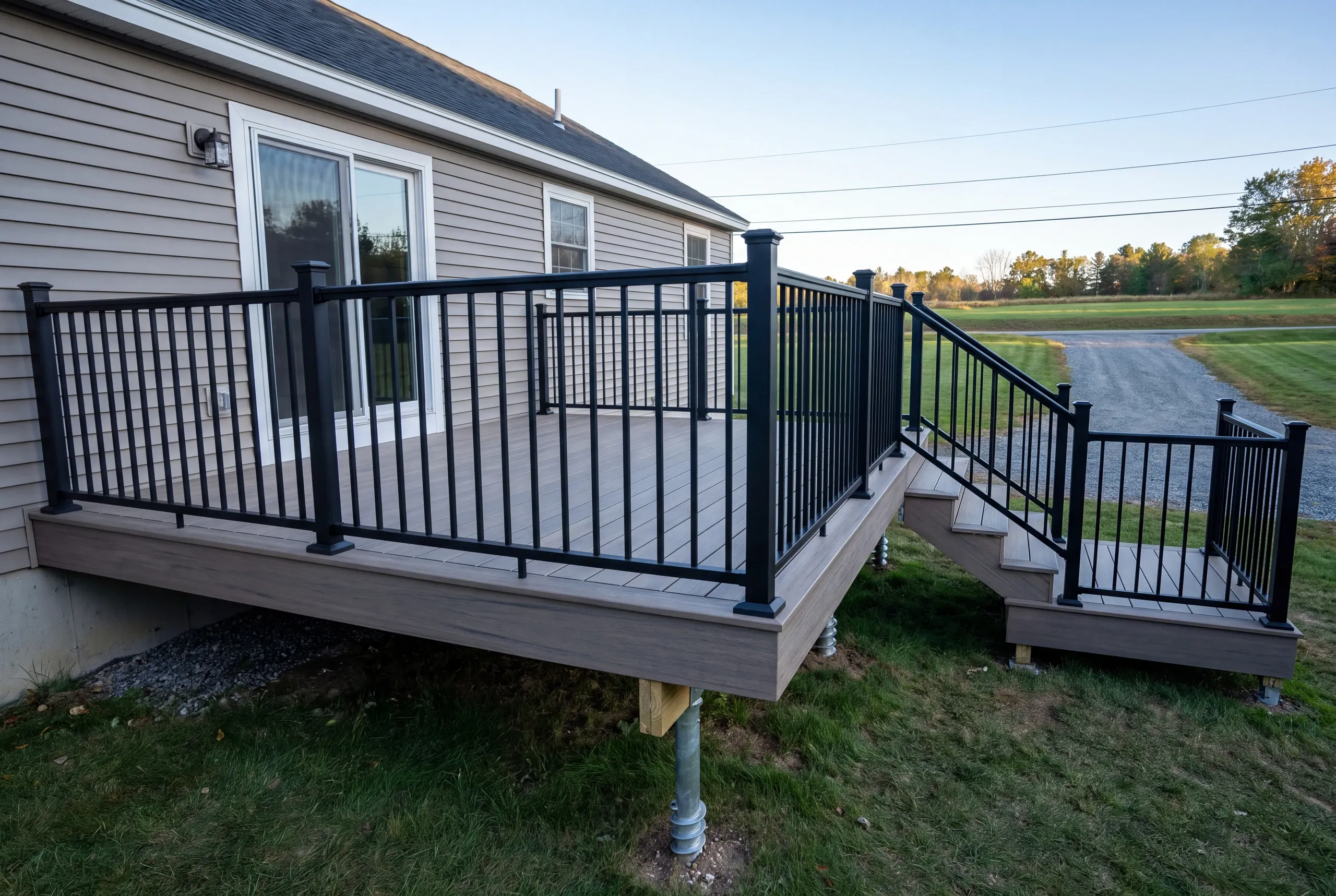 Finished deck and railing on an Augusta, Maine home, wide view