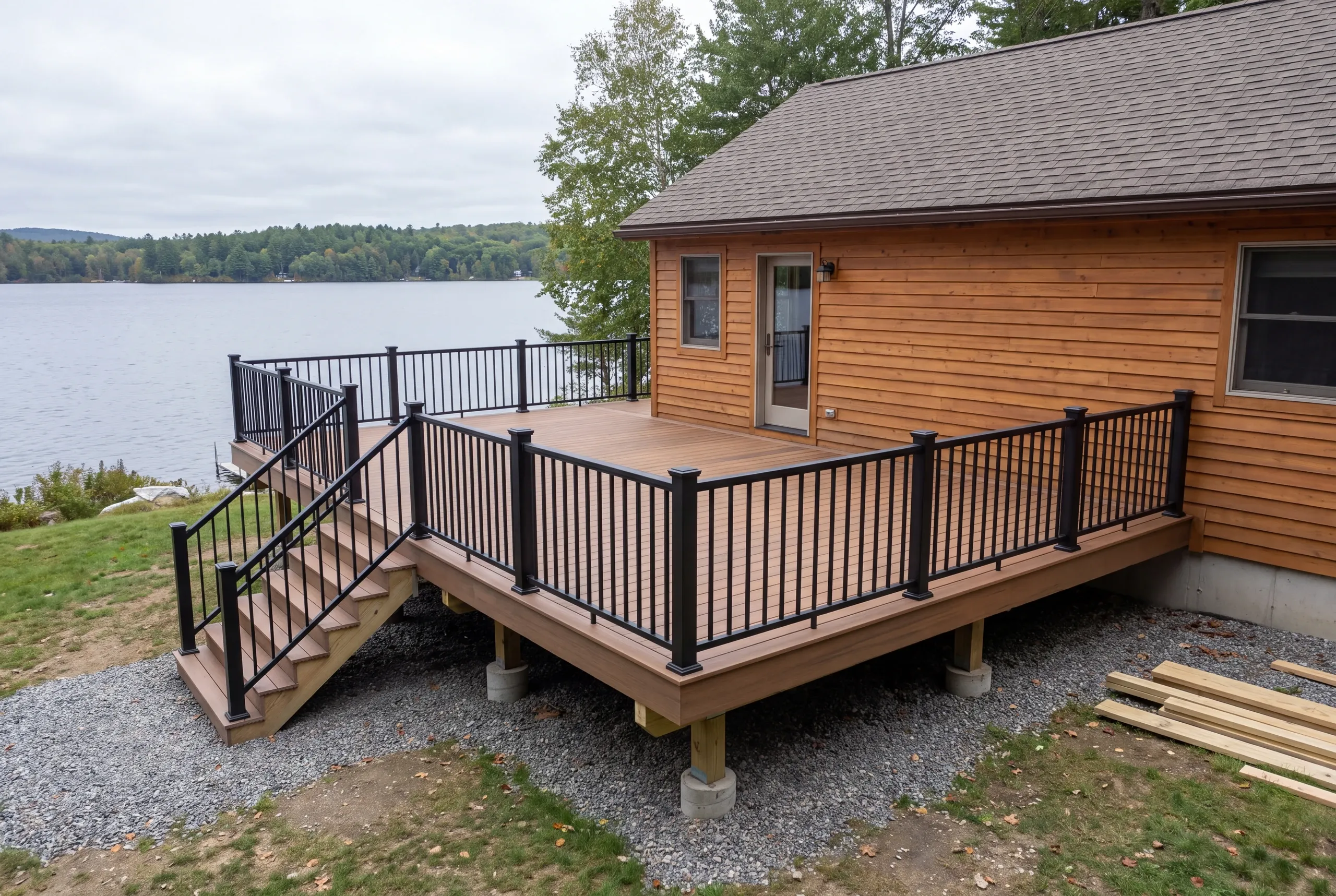 Cable railing framing a Long Pond view from a finished Belgrade deck