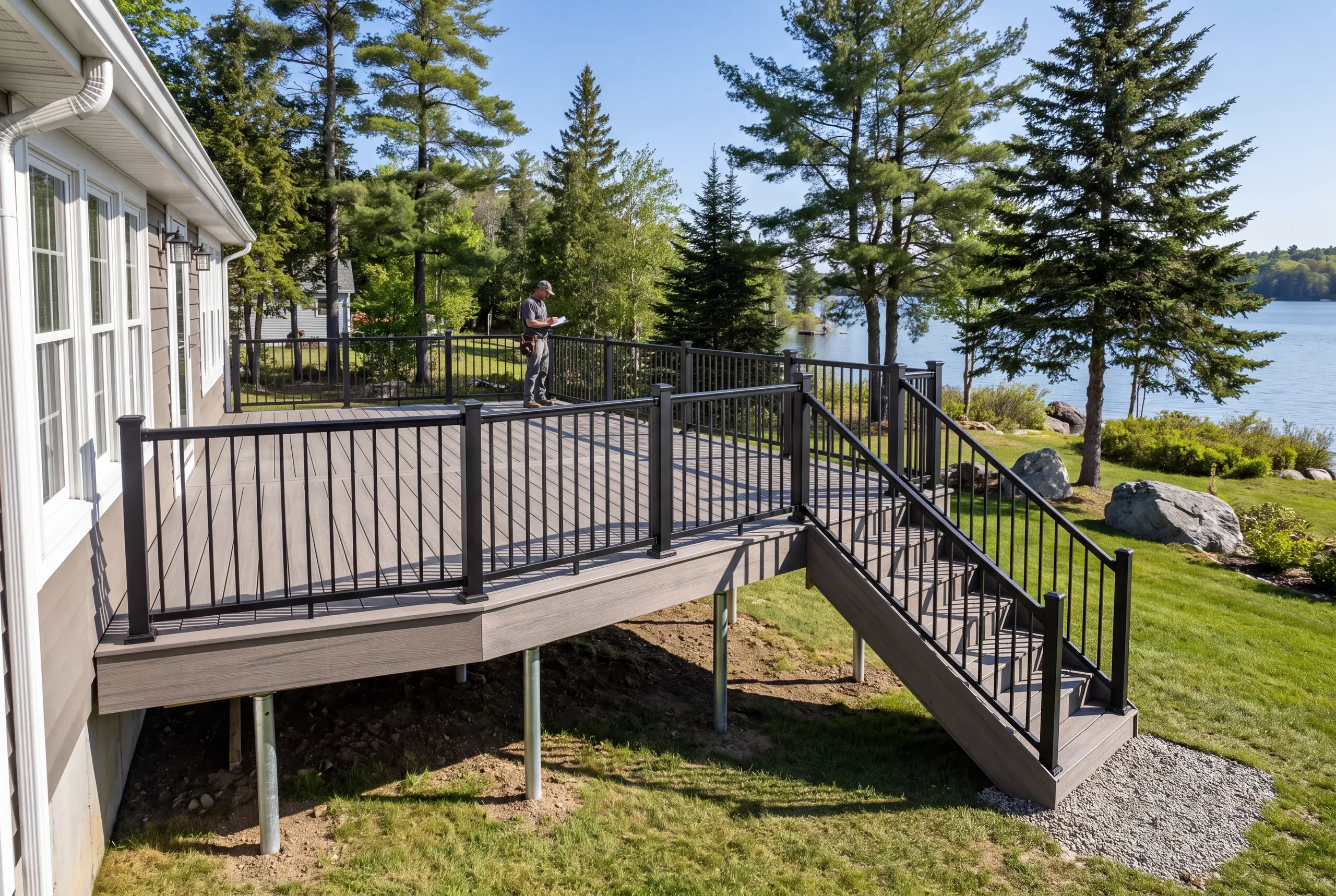 Builder measuring shoreland setback at a Belgrade Lakes property