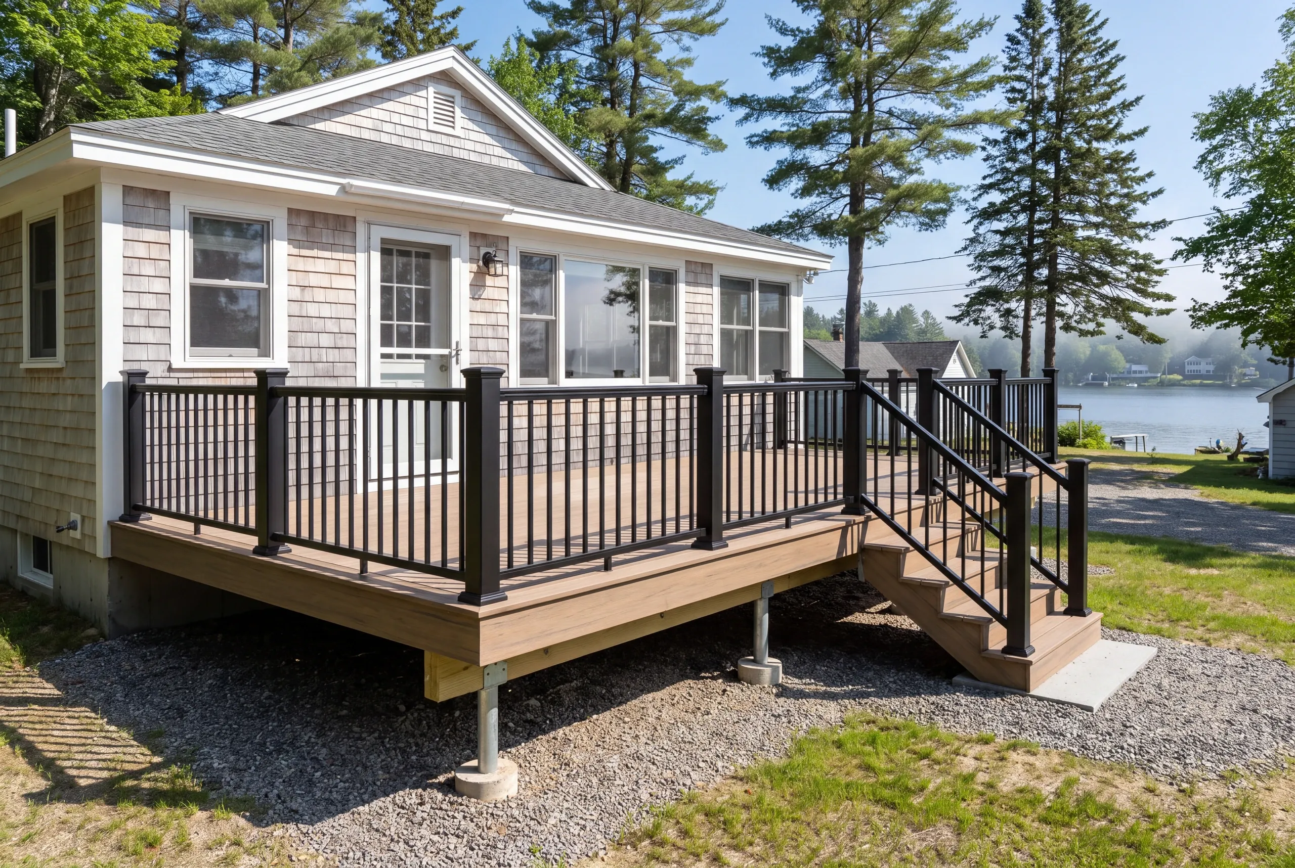 PVC decking with plugged fasteners on a Belgrade, Maine camp conversion