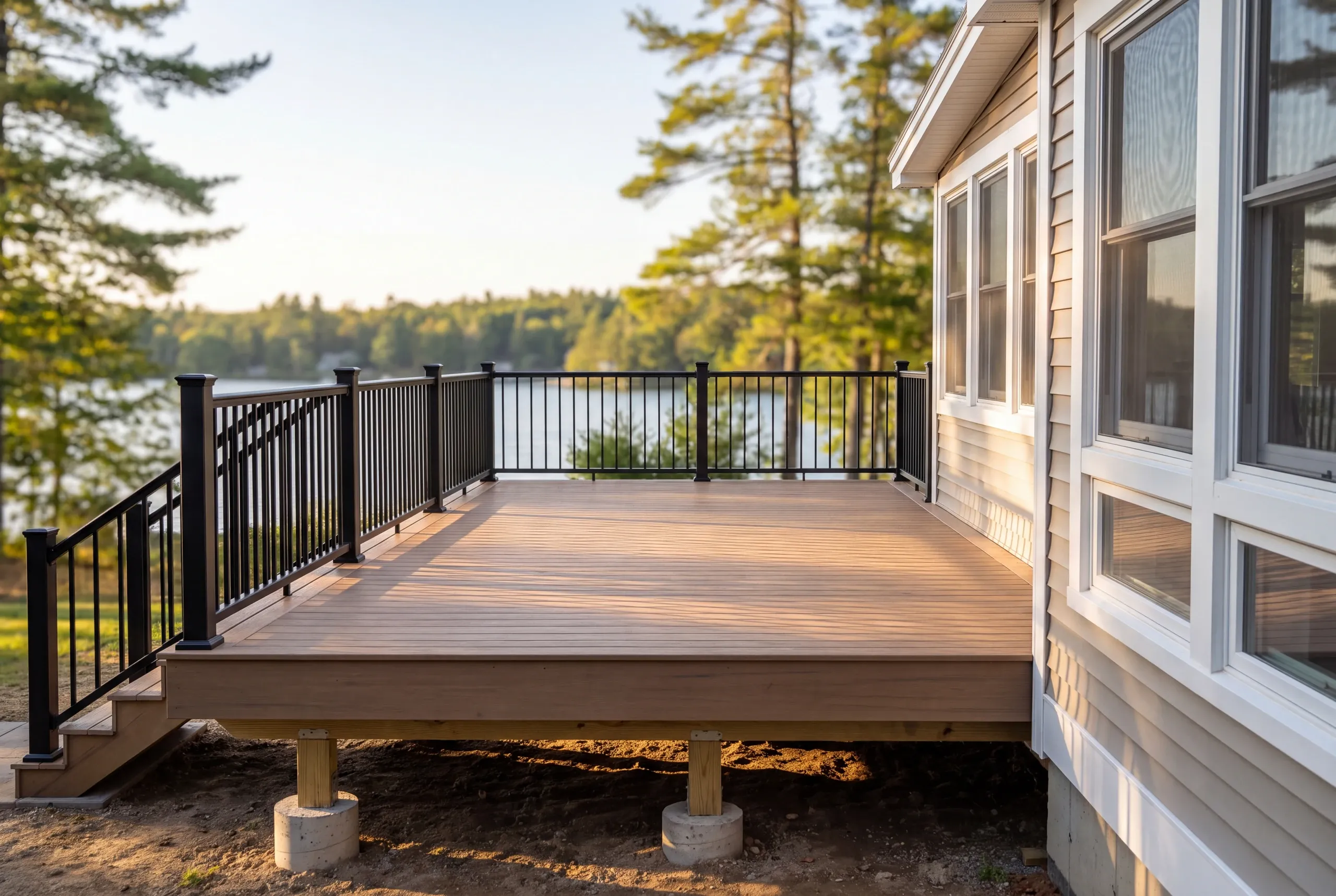 Finished deck and railing at a Belgrade home seen from the back door
