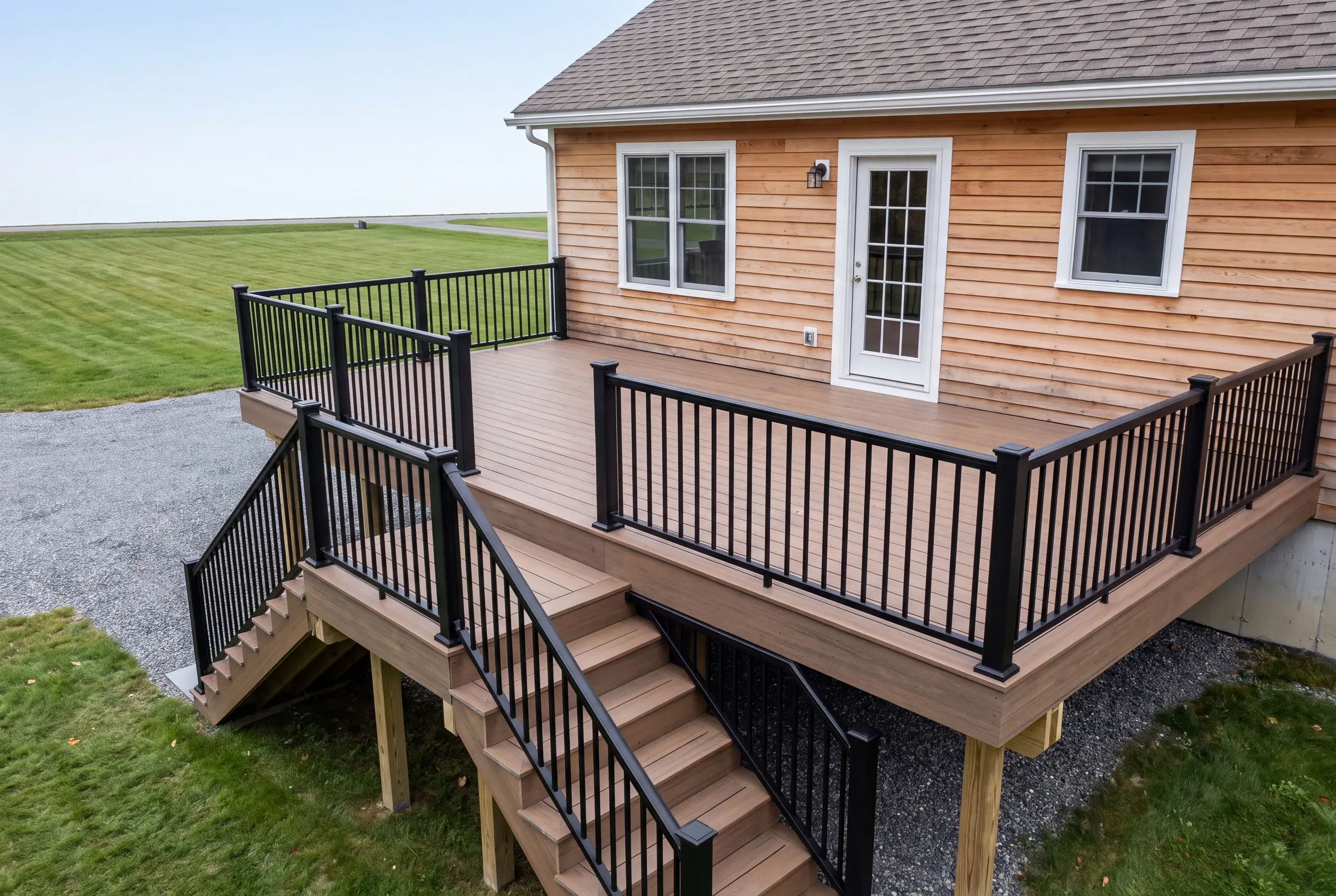 Finished deck and railing on a Belgrade, Maine home, wide view