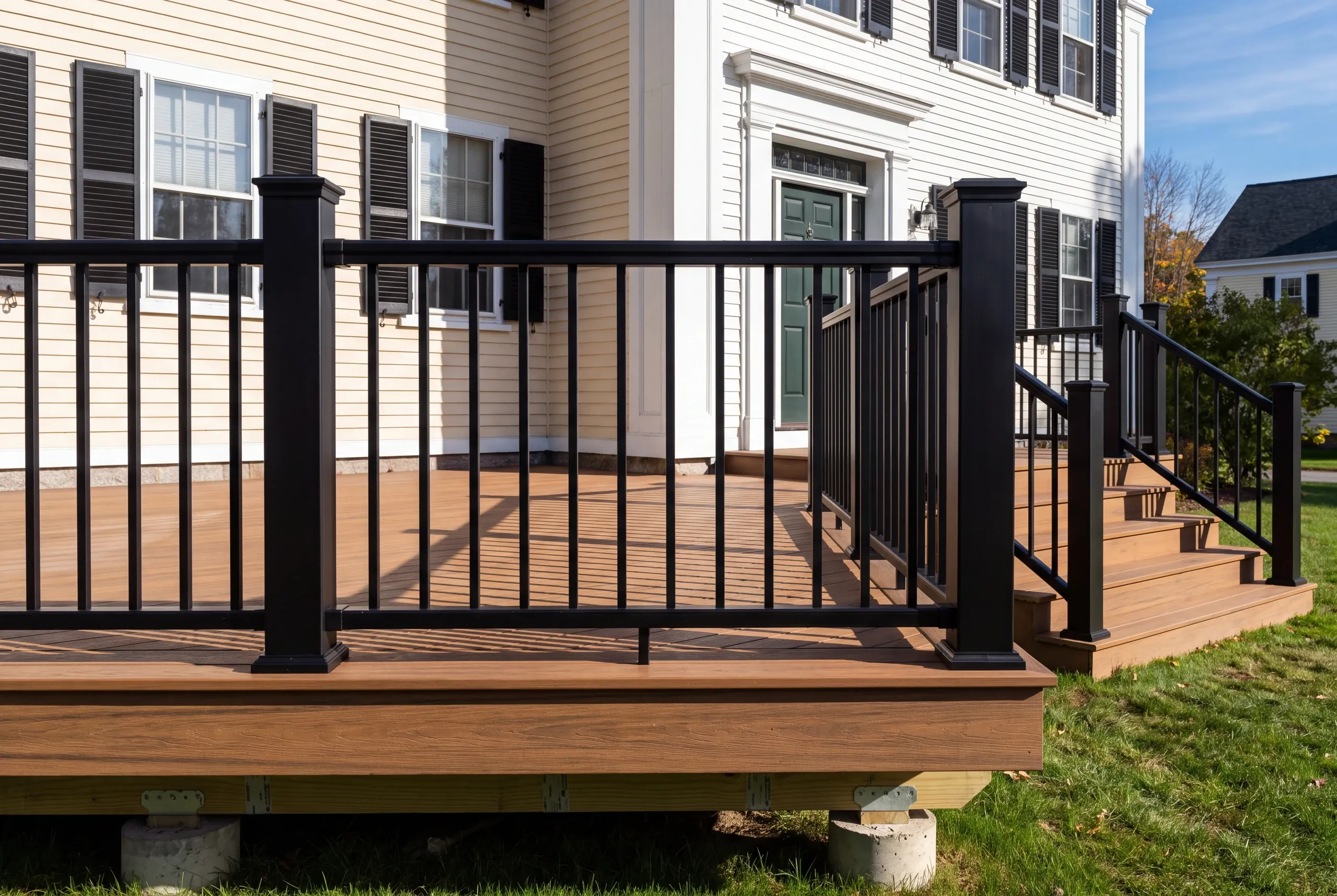 Stainless hardware laid out for a salt-exposed deck build in Brunswick, Maine