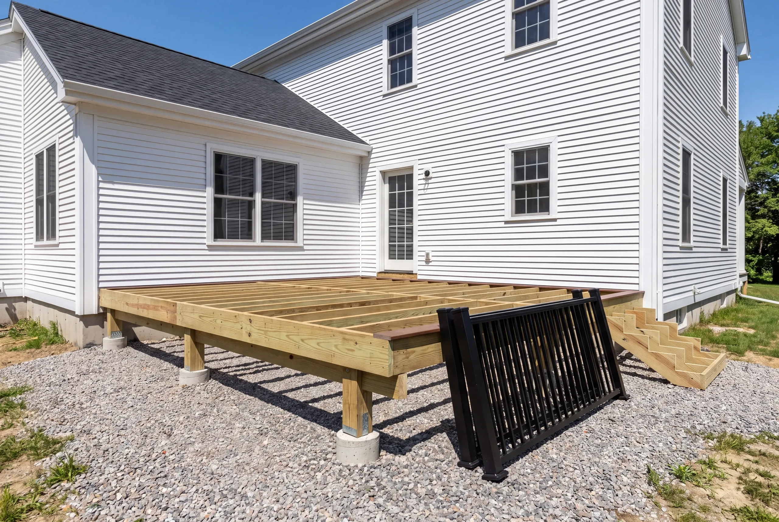 Aluminum railing on a Brunswick deck facing Casco Bay water