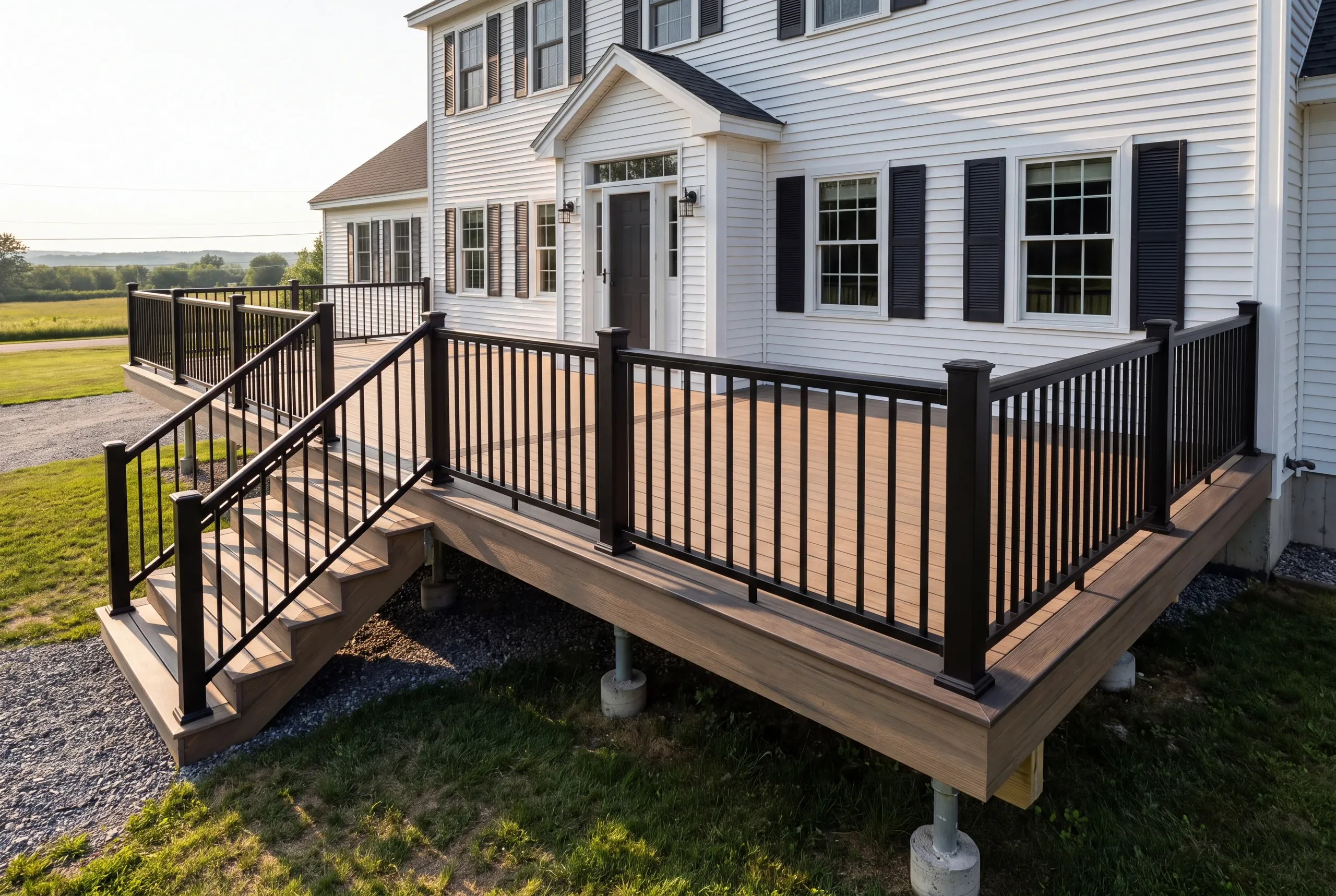 Finished PVC deck at a postwar home in Brunswick, Maine