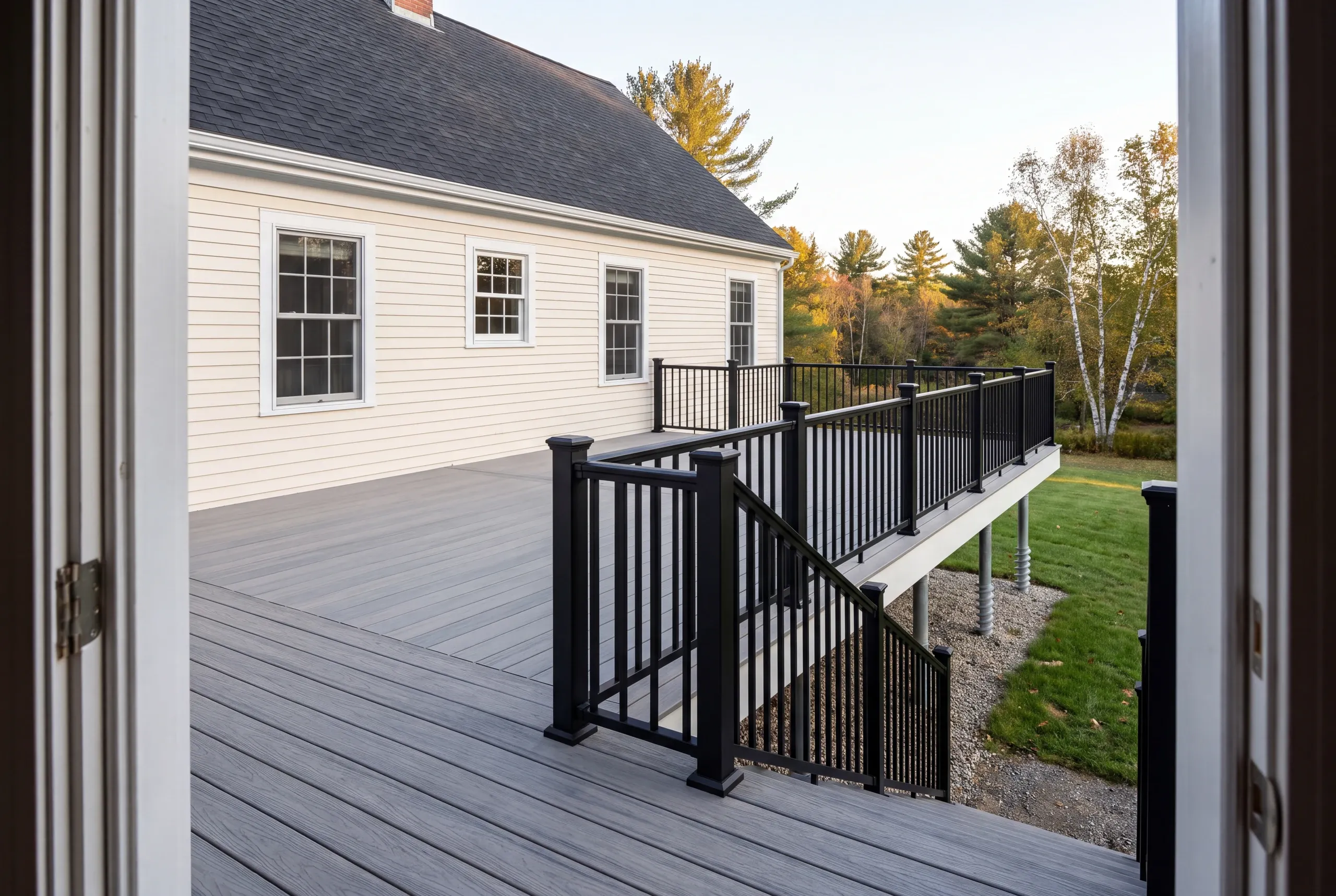 Finished deck and railing at a Brunswick home seen from the back door