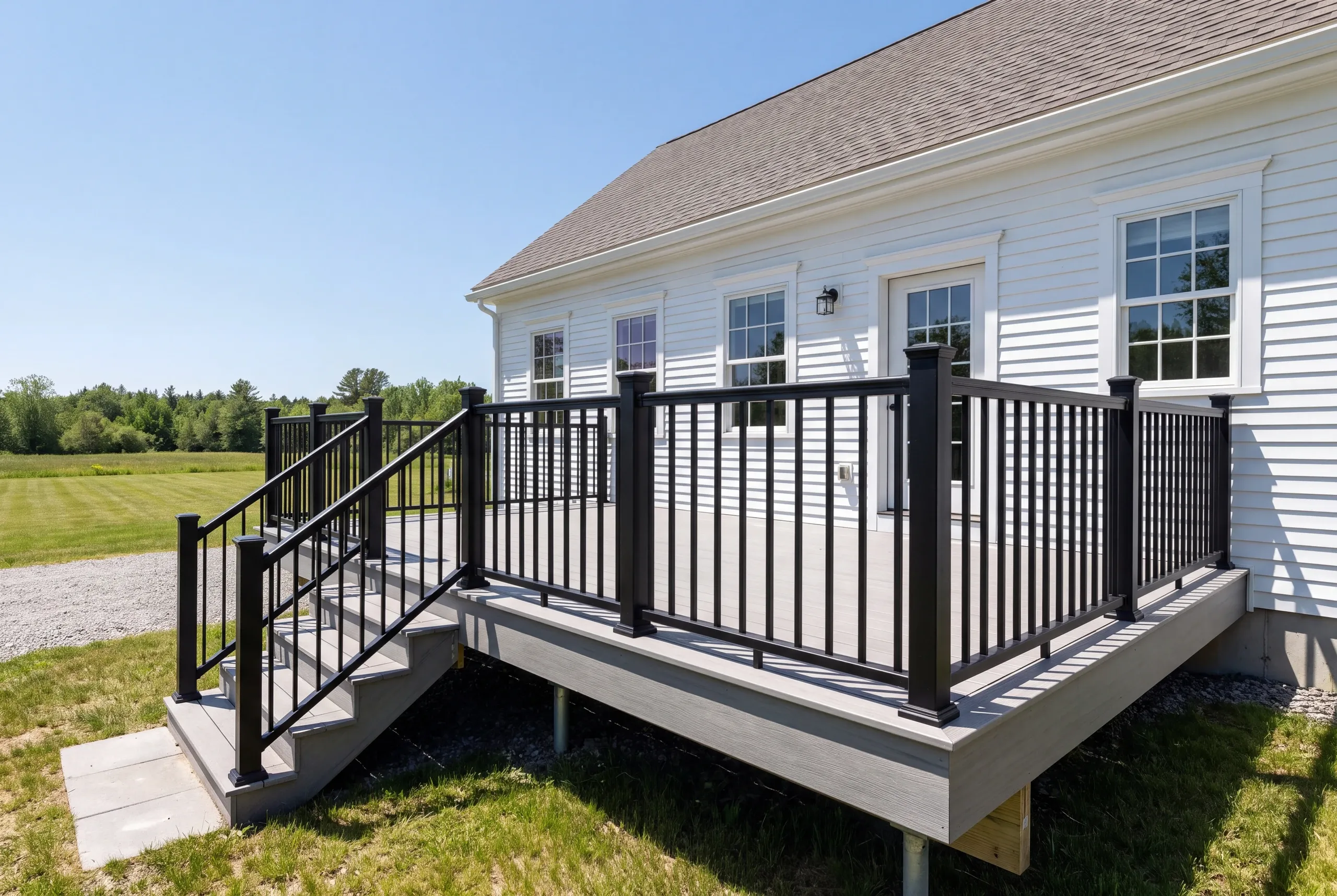 Finished deck and railing on a Brunswick, Maine home, wide view