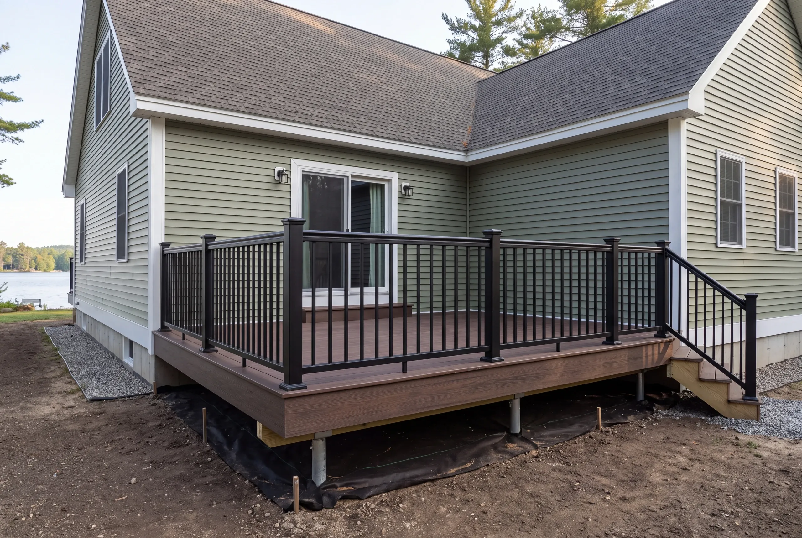 Erosion control fabric staked below a deck footing on a China Lake lot