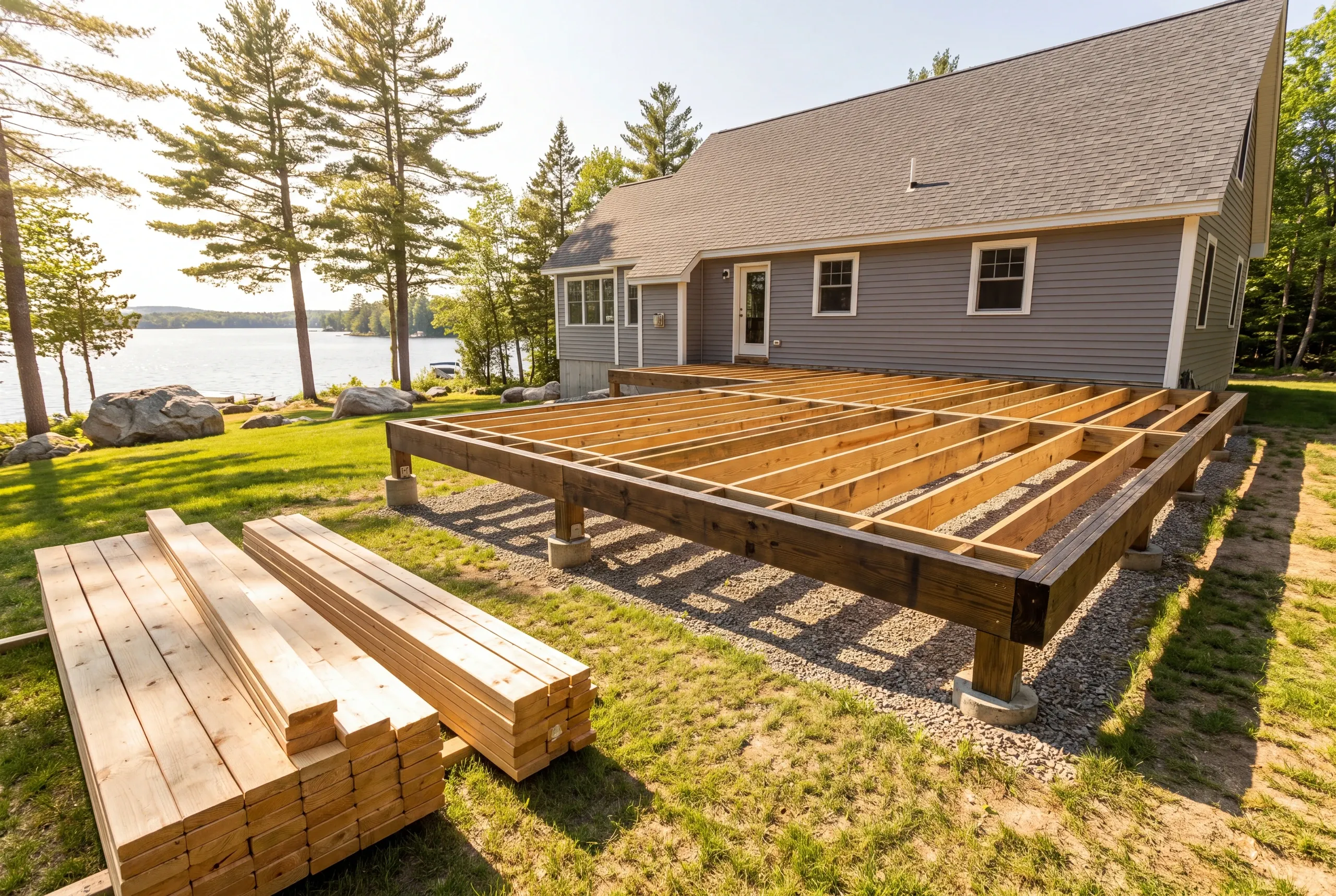 Kiln-dried framing lumber stacked at a China, Maine build site