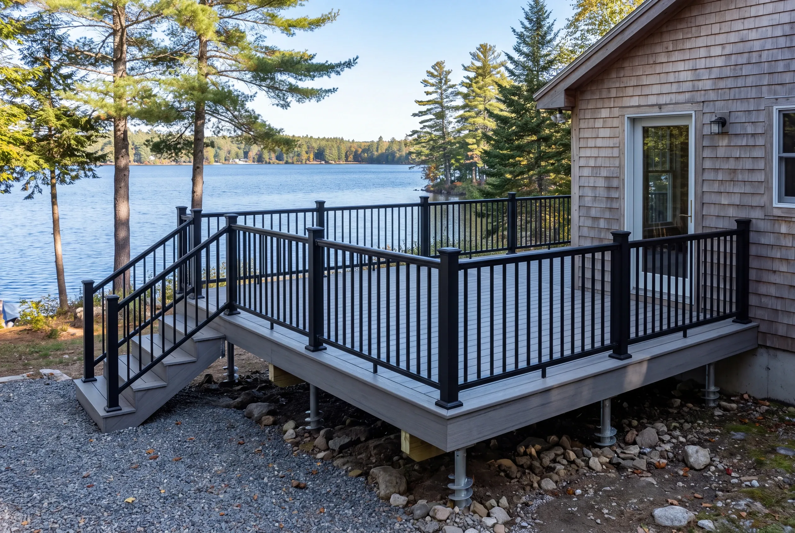 Finished deck with wrapped rim on a wooded parcel in China, Maine