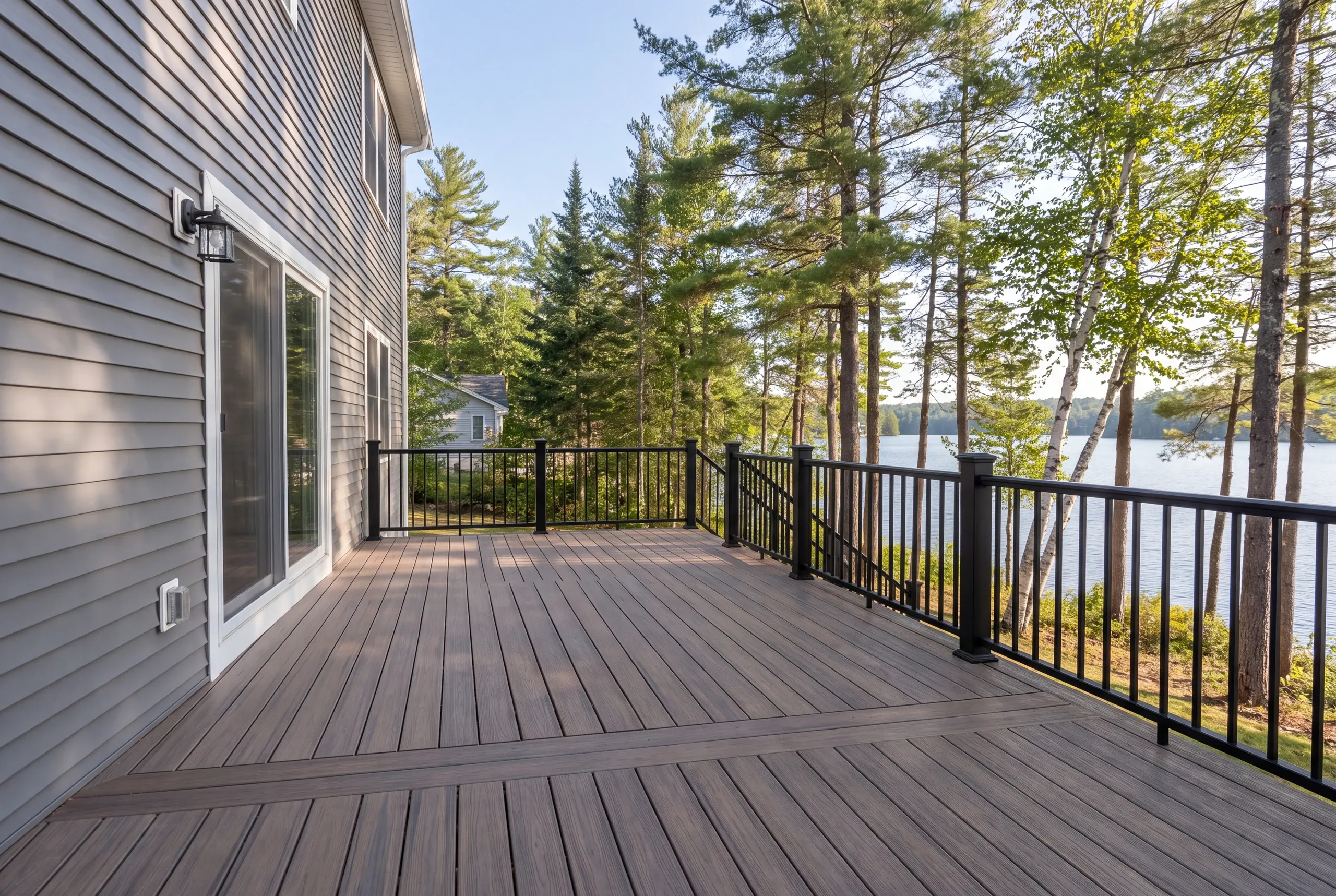 Finished deck and railing at a China home seen from the back door