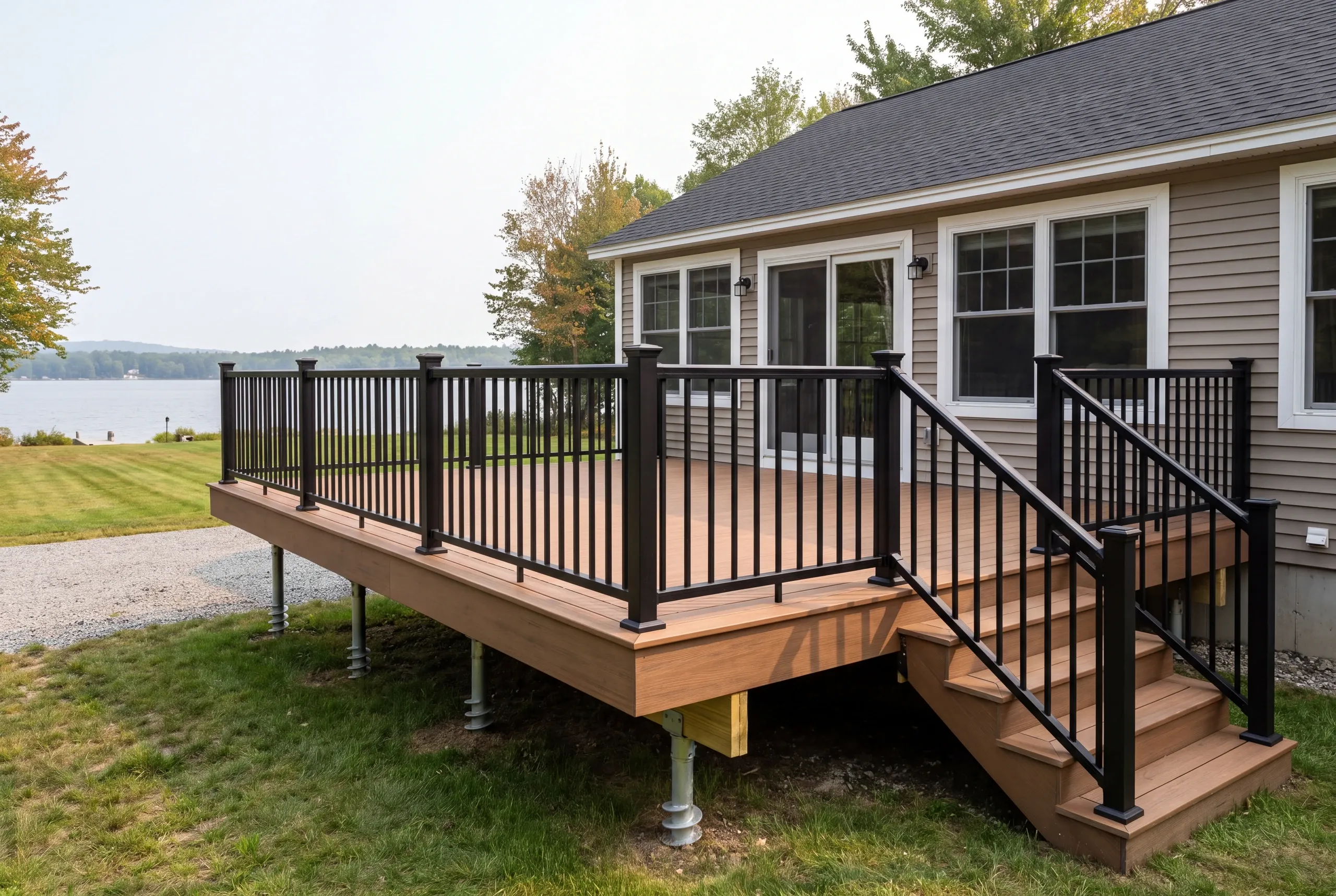 Finished deck and railing on a China, Maine home, wide view