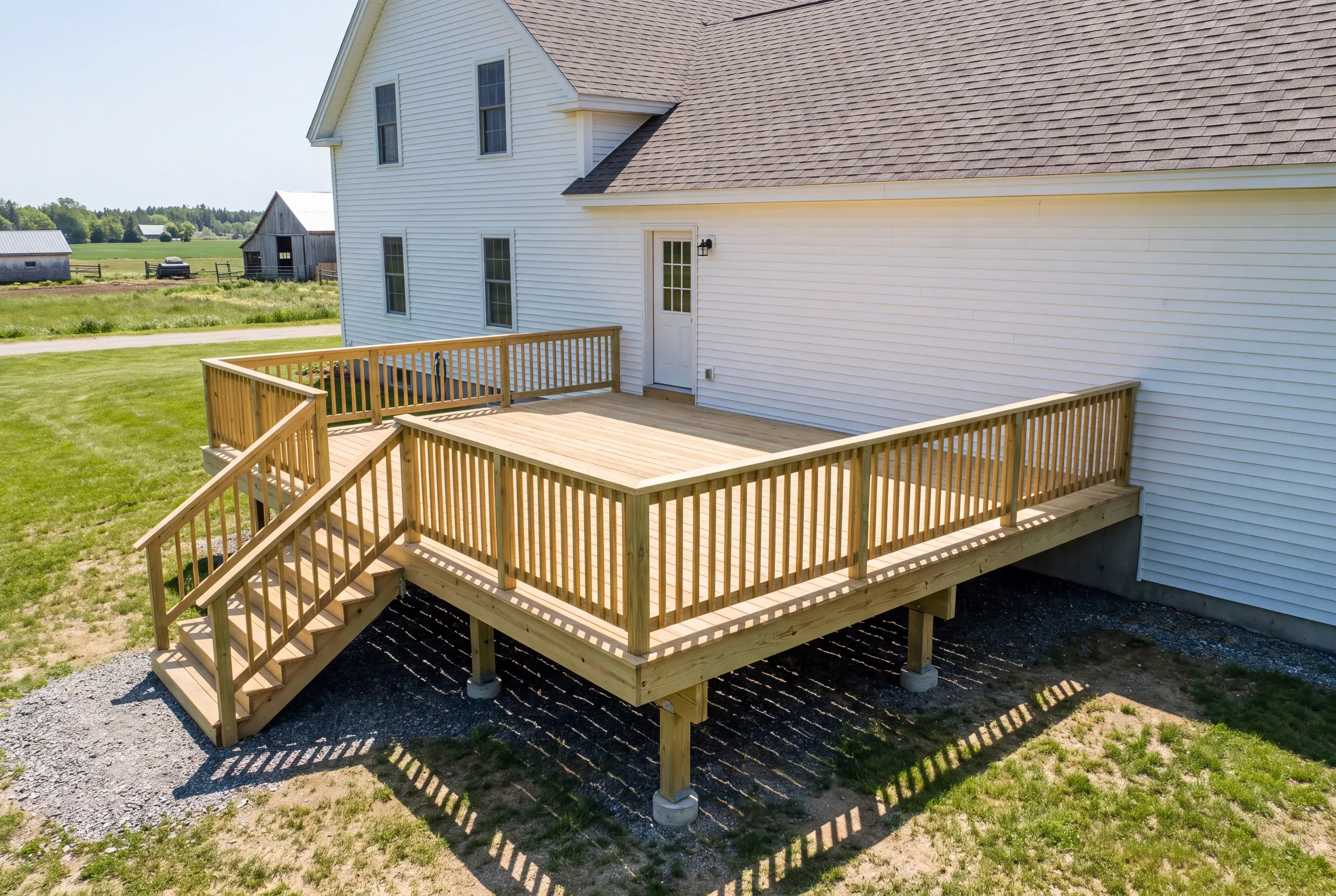 Large pressure-treated deck off the back of a Clinton farm property