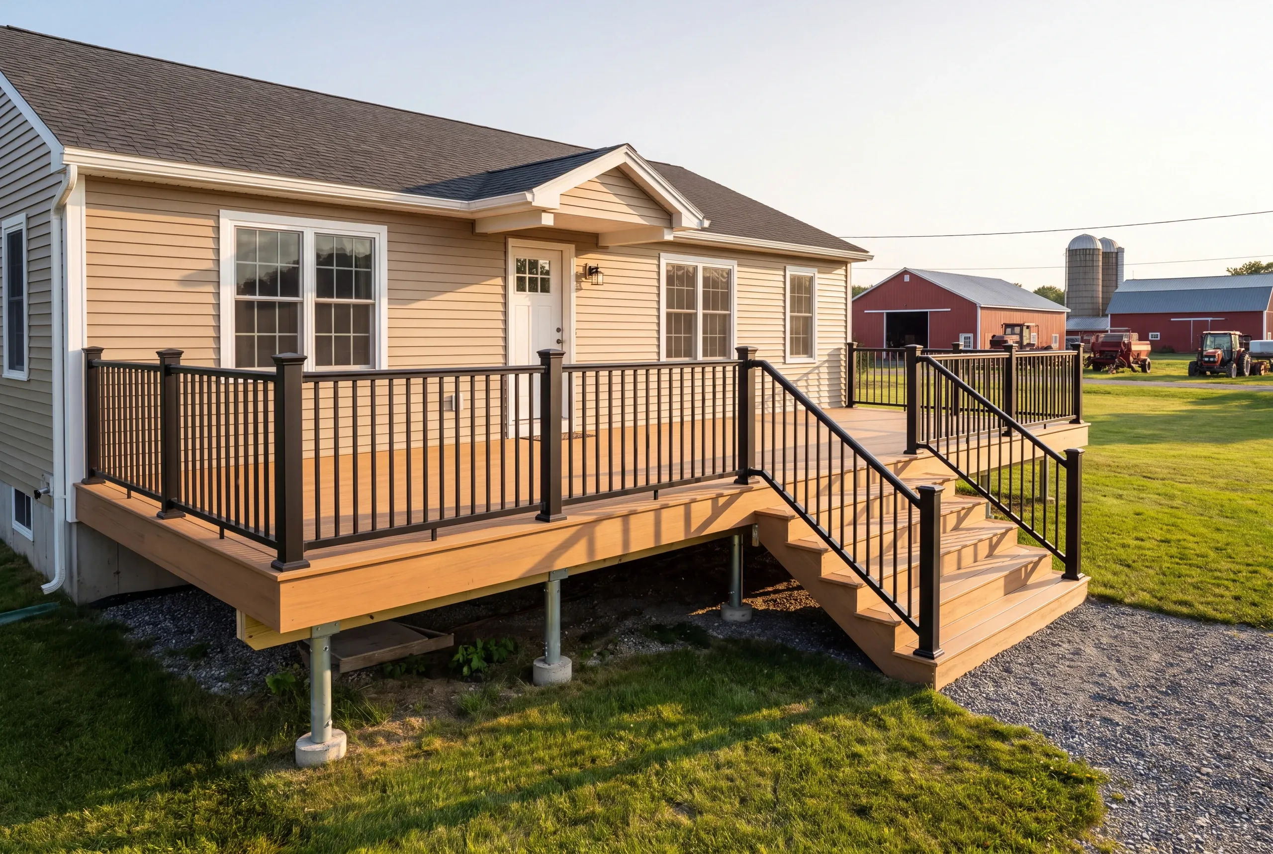 Composite deck and railing on a postwar ranch in Clinton, Maine