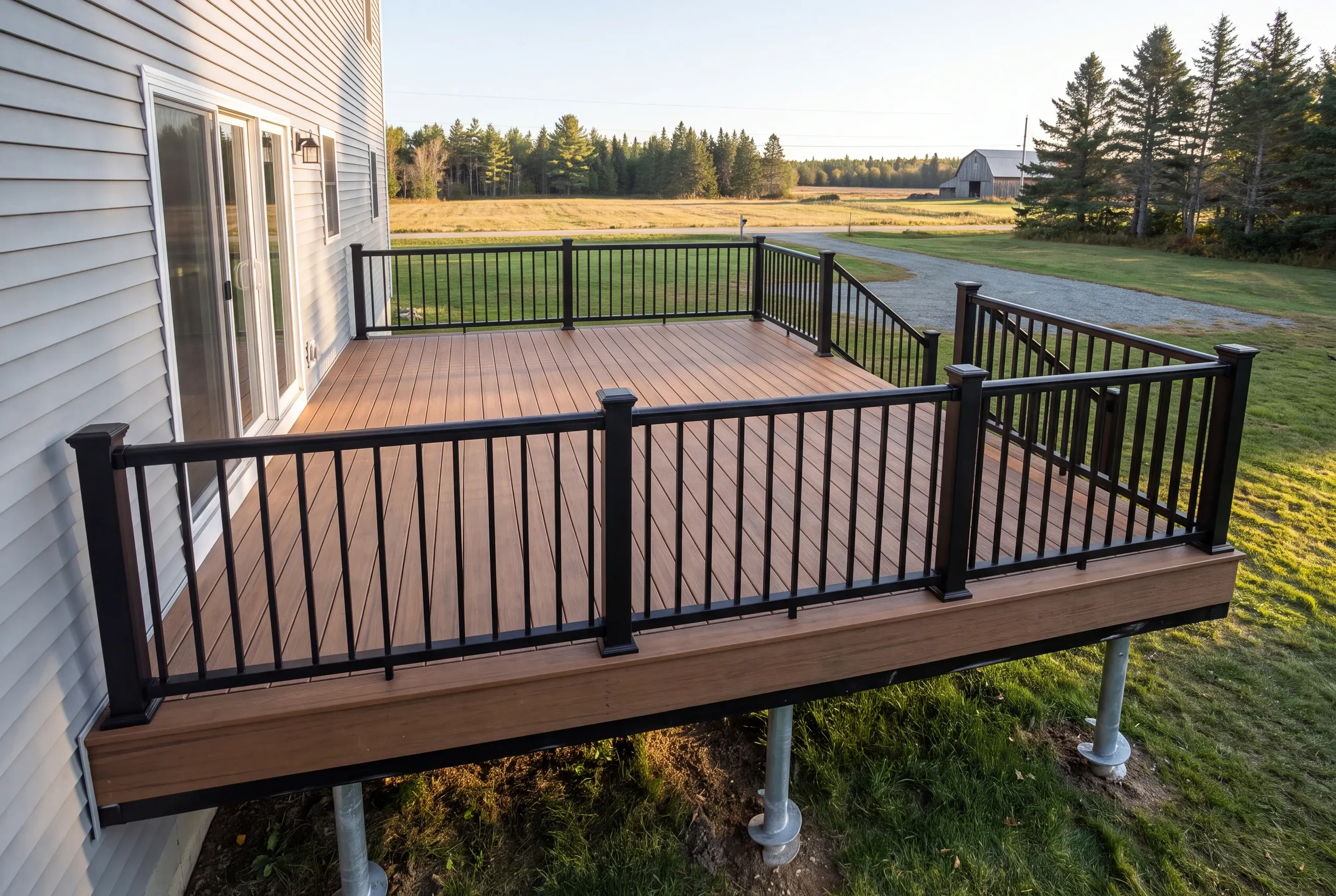 Finished deck and railing at a Clinton home seen from the back door