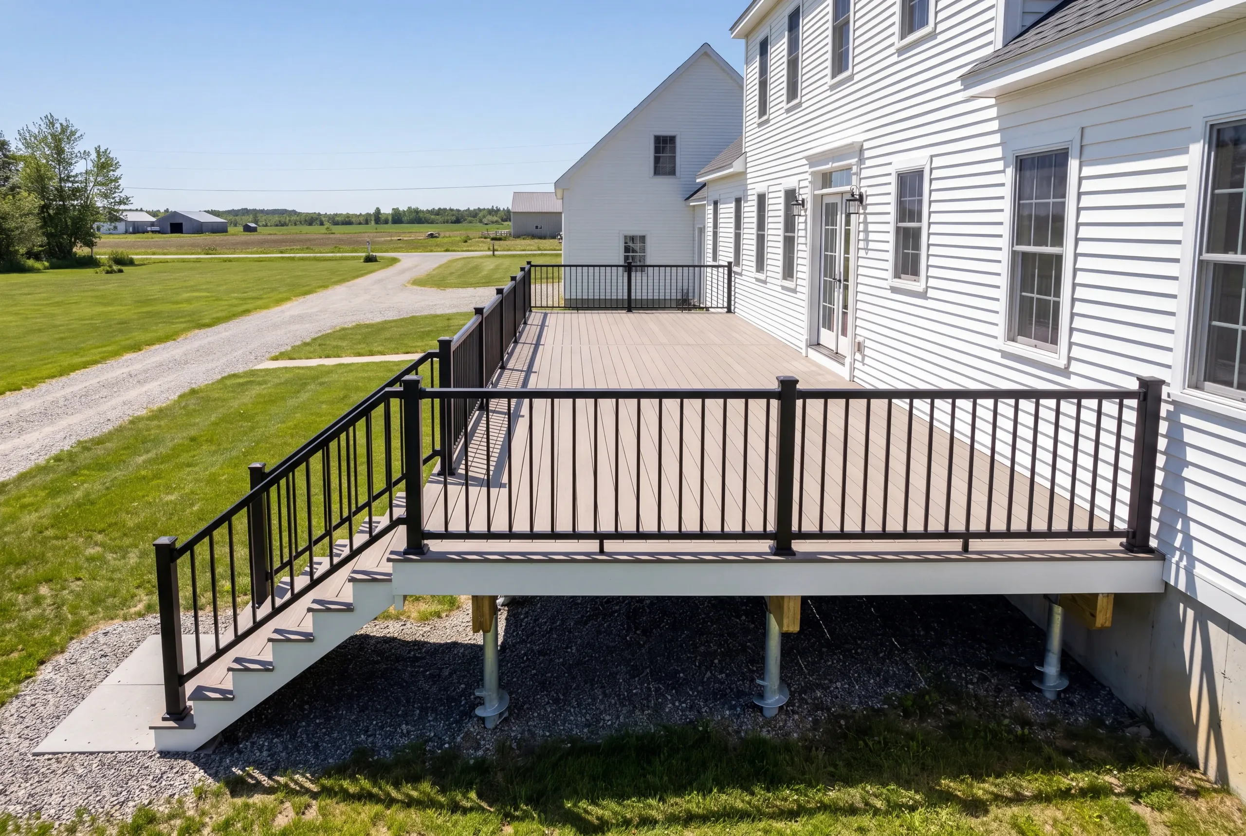 Finished deck and railing on a Clinton, Maine home, wide view