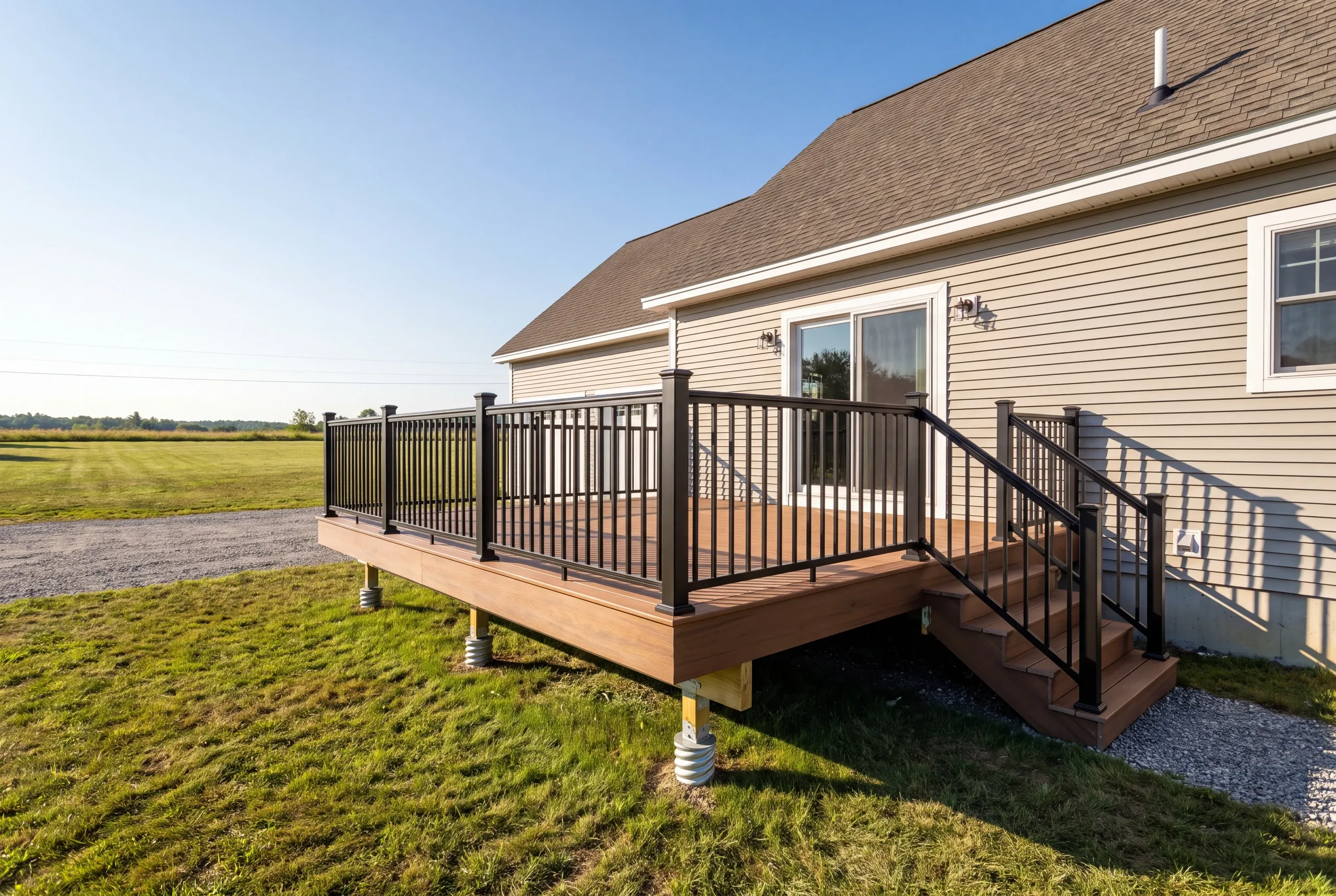 Finished deck and railing on a Central Maine home, wide view