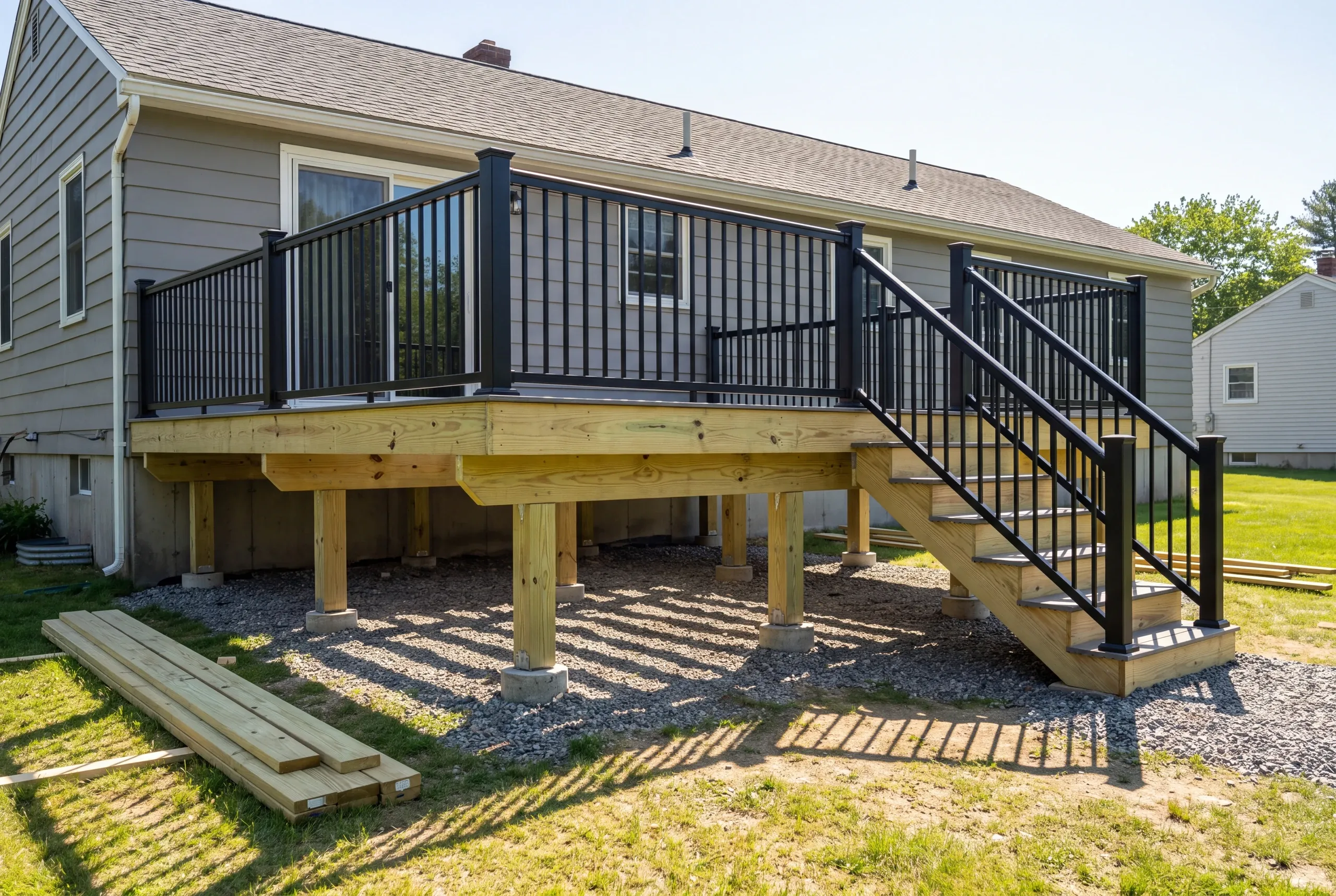 Aluminum railing and wide stairs on a finished Fairfield deck