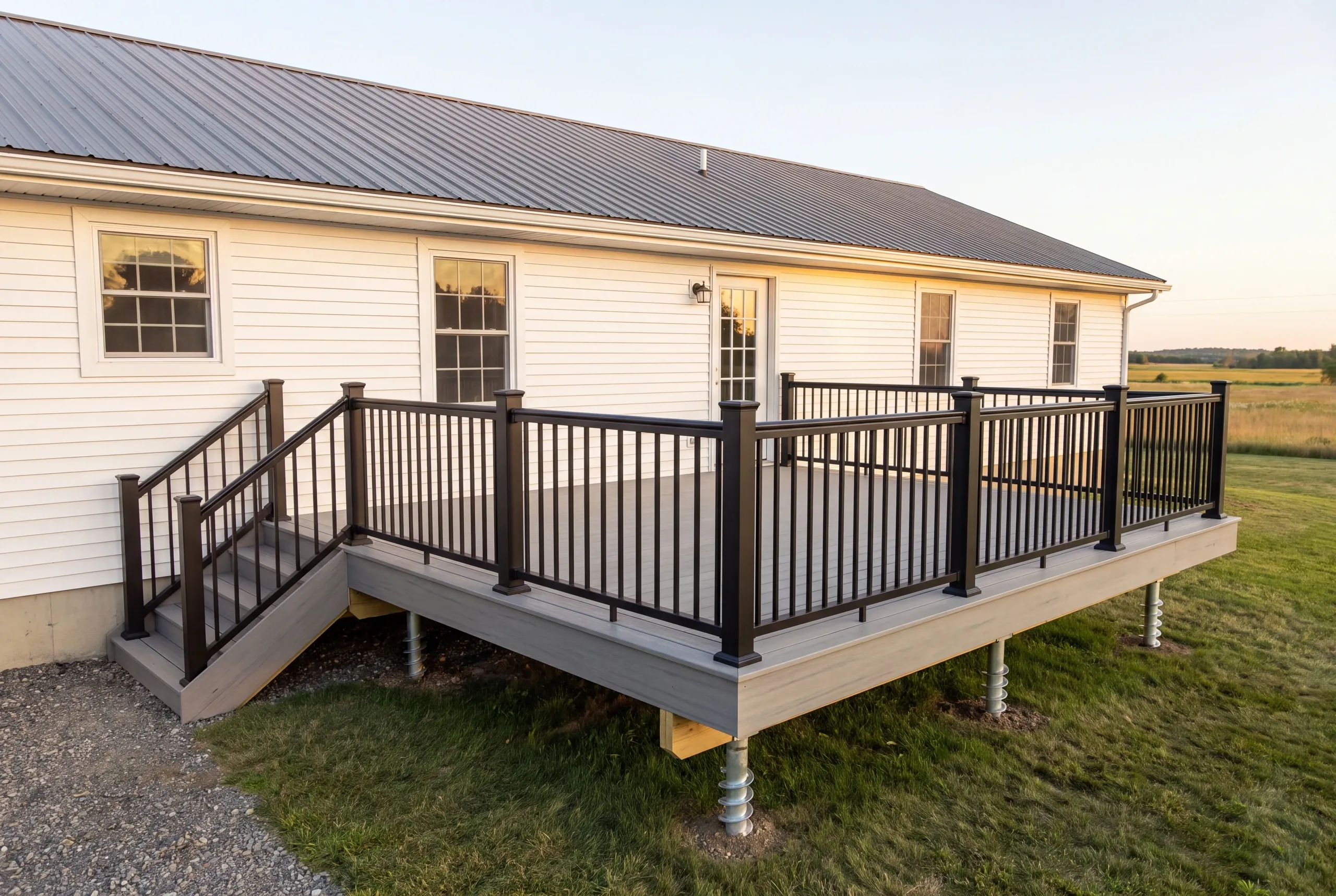 Composite deck with finished rim overlooking open land in Fairfield, Maine