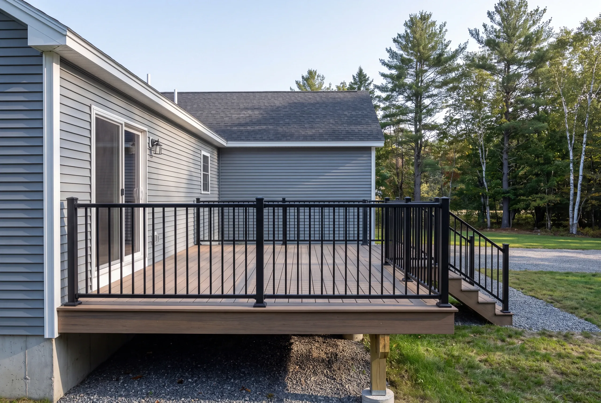 Finished deck and railing at a Fairfield home seen from the back door