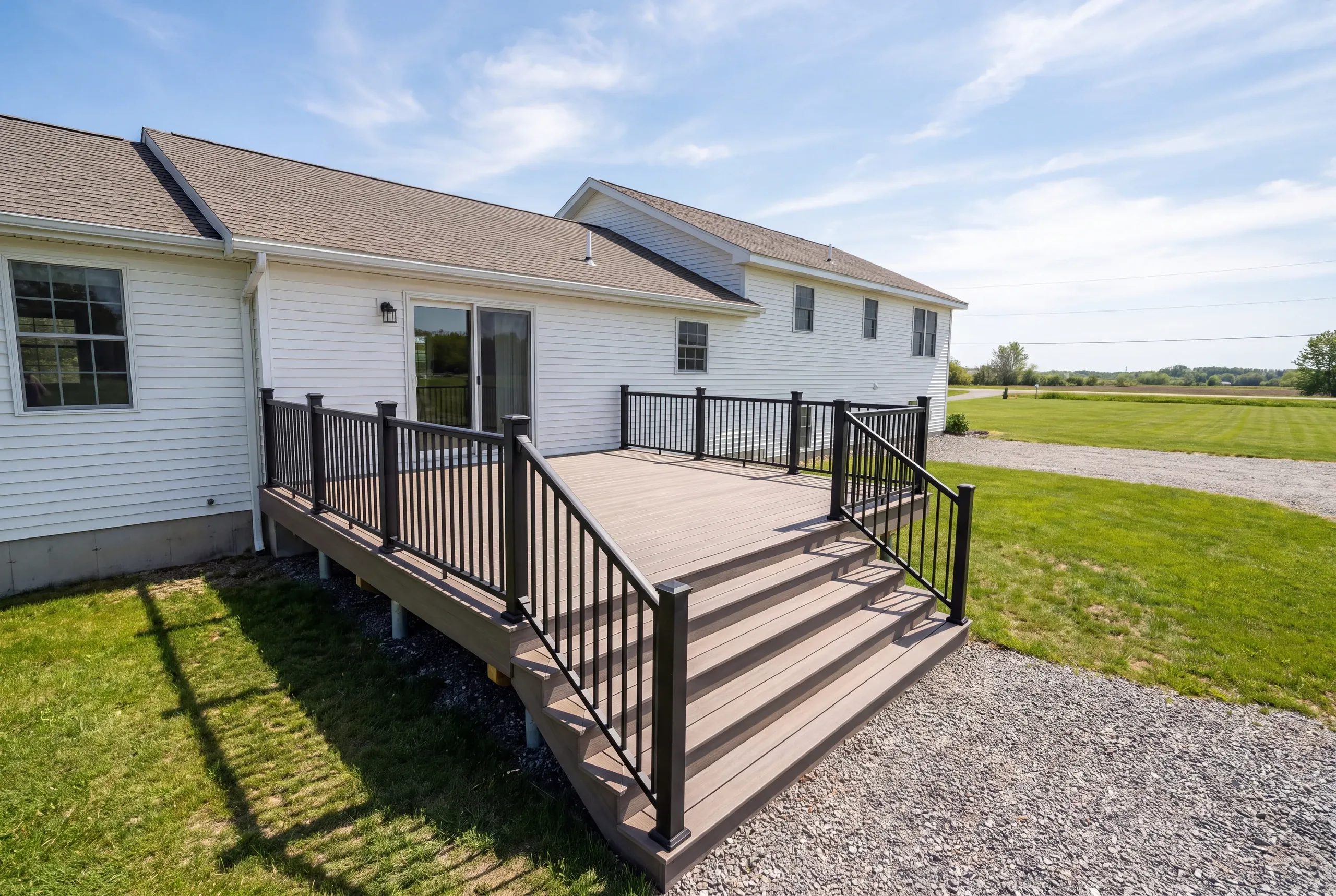 Finished deck and railing on a Fairfield, Maine home, wide view