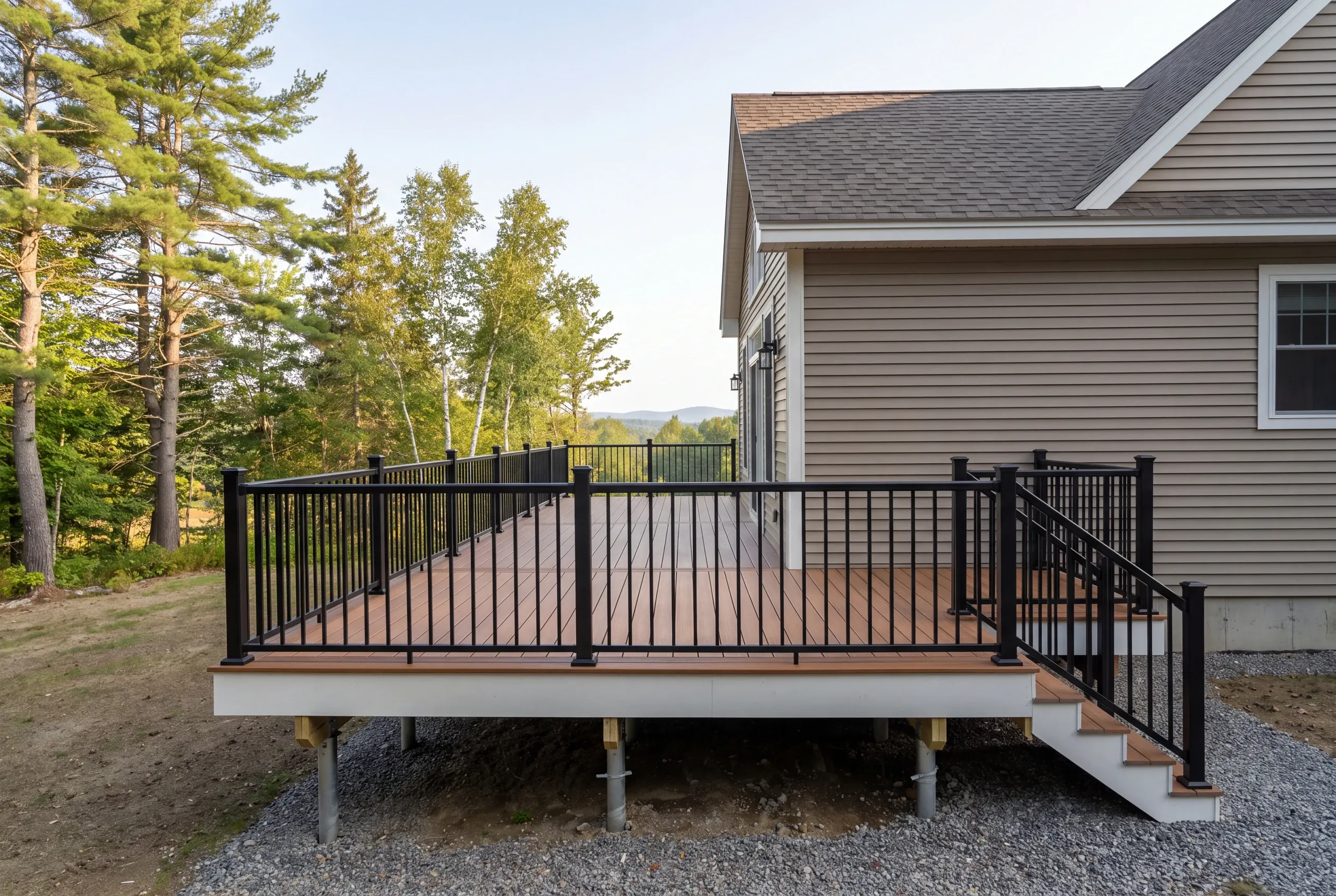 Deck post set below frost depth on a Franklin County hill lot in Farmington
