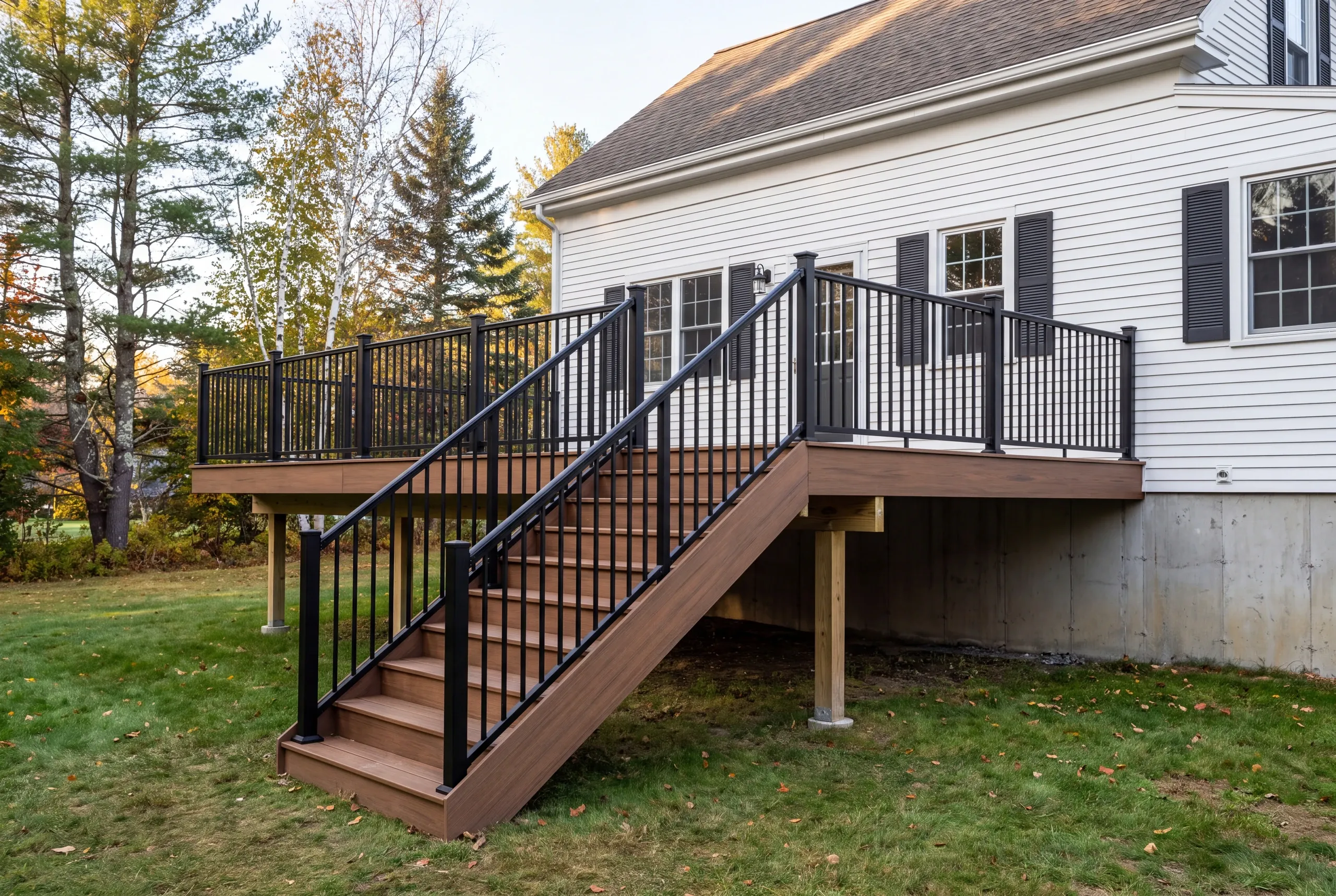 Raised deck with aluminum railing behind a Farmington village home
