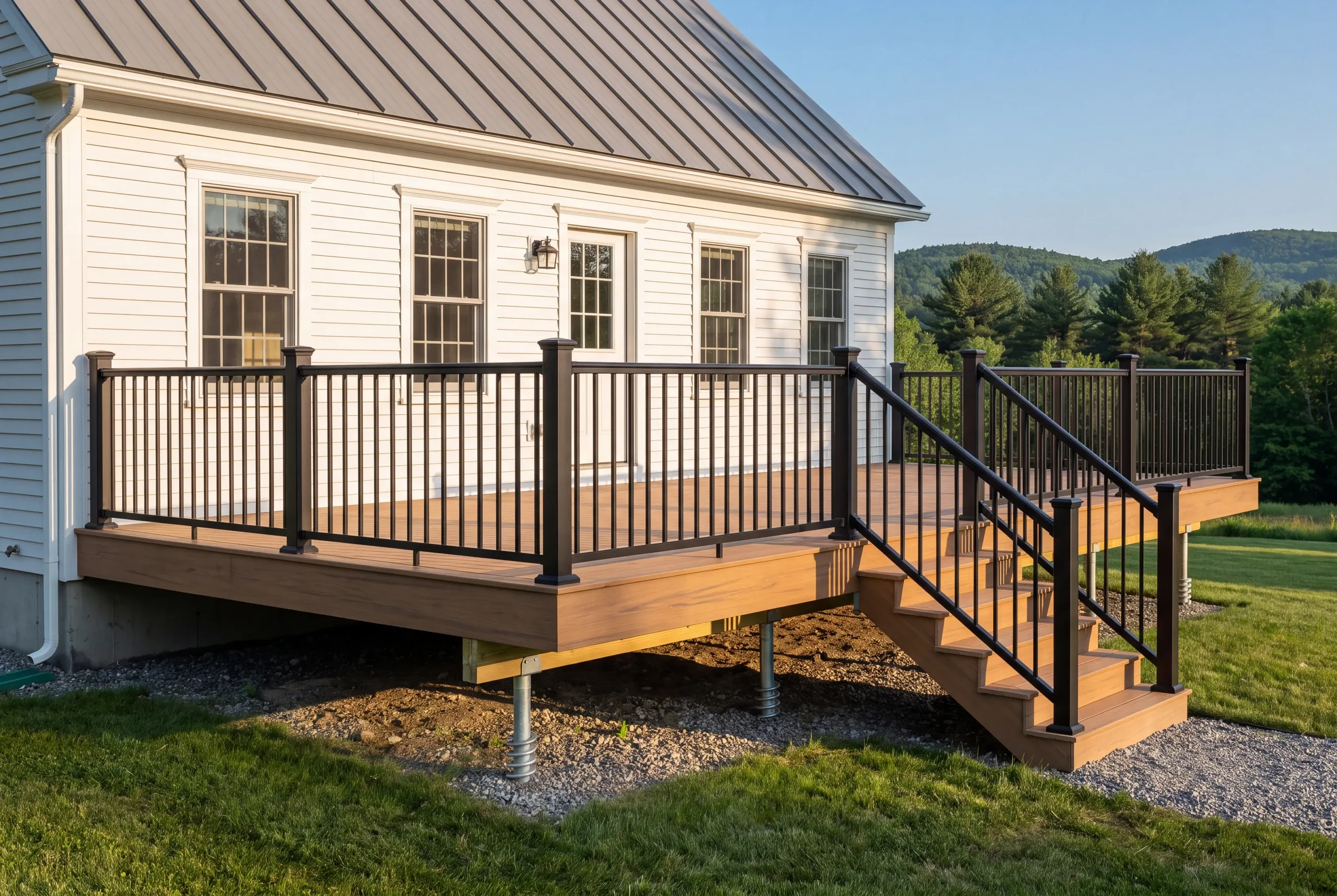 Composite deck facing the foothills on a Farmington, Maine property