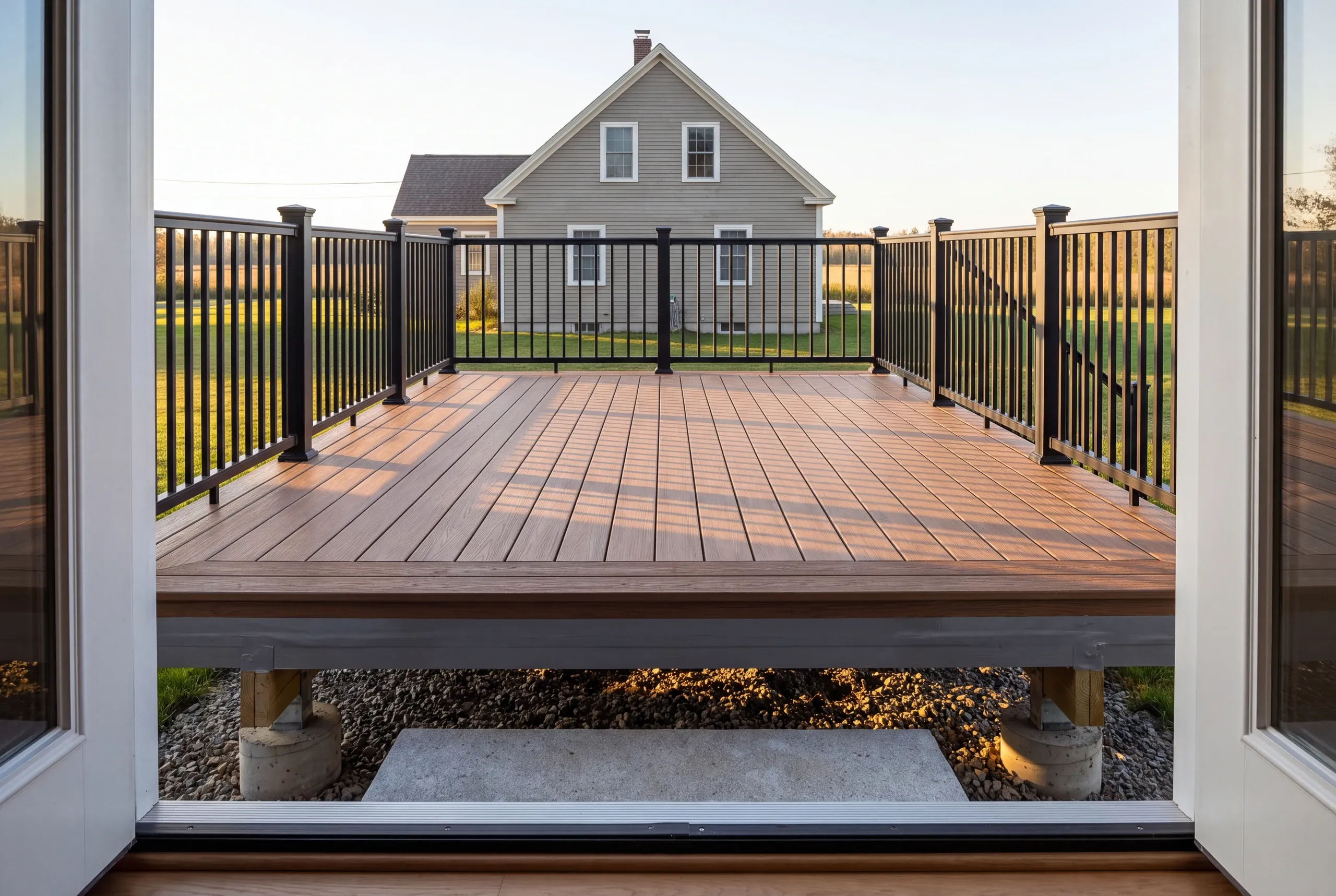 Finished deck and railing at a Farmington home seen from the back door