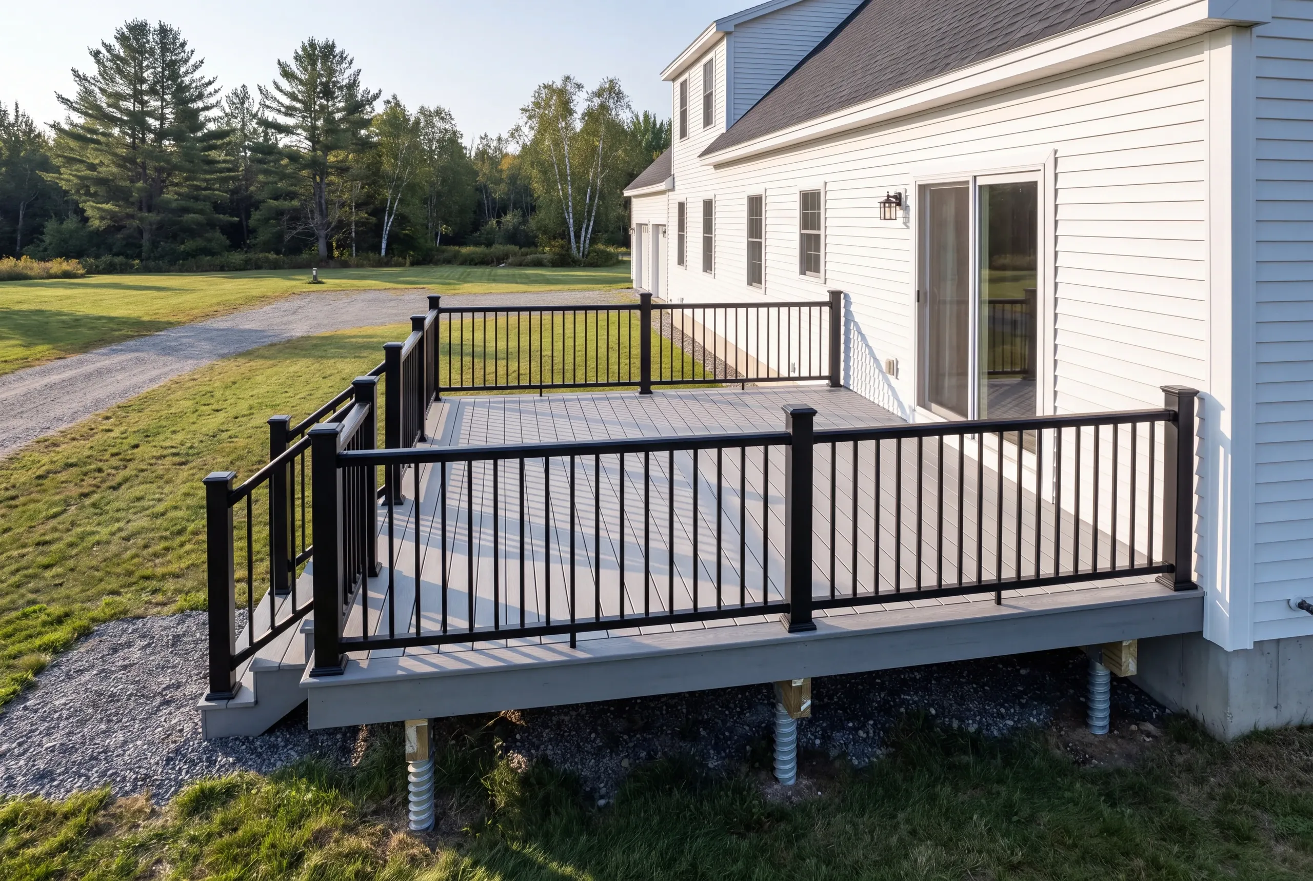 Finished deck and railing on a Farmington, Maine home, wide view