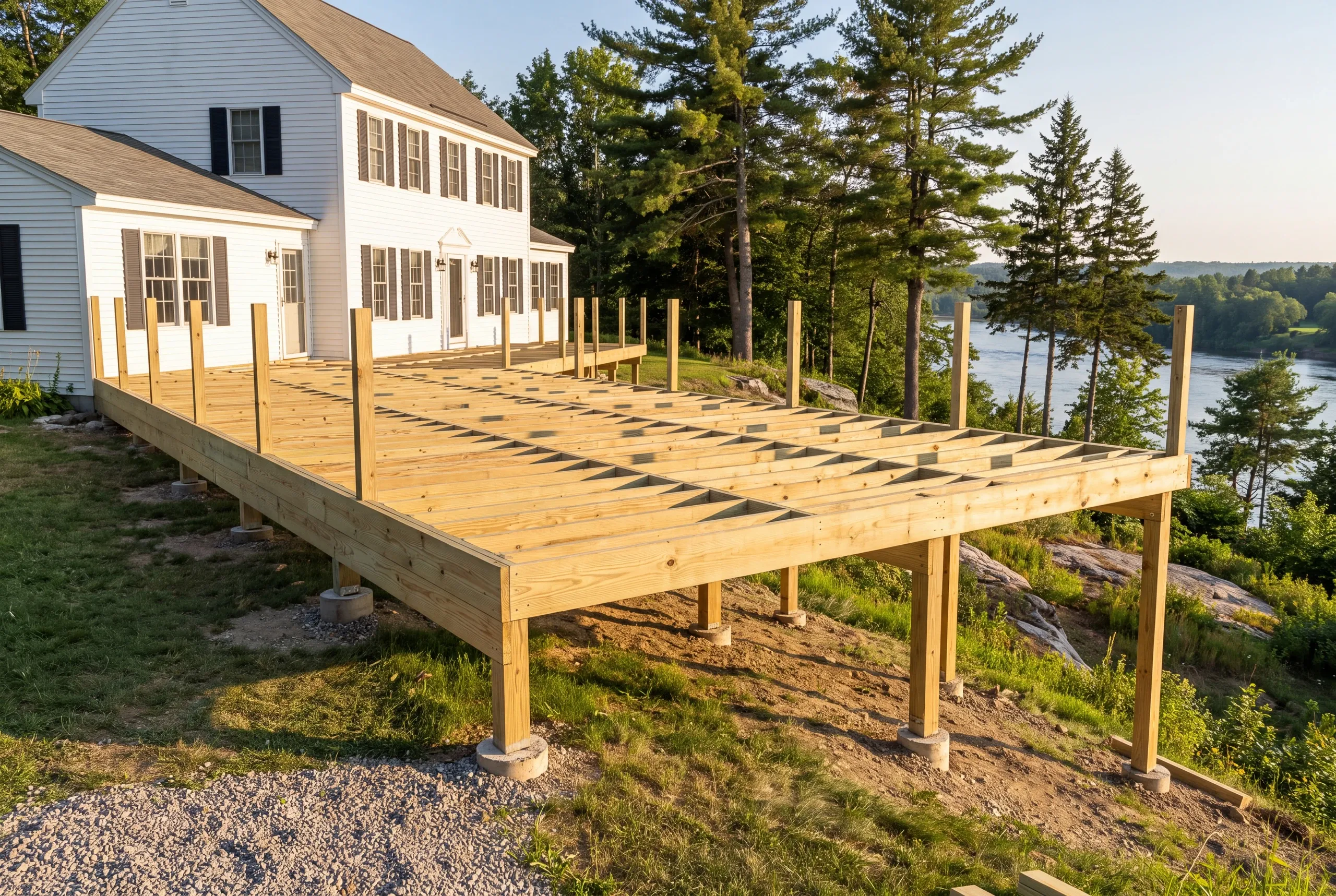 Deck builder Gardiner, ME crew framing a raised deck on a sloped lot above the Kennebec