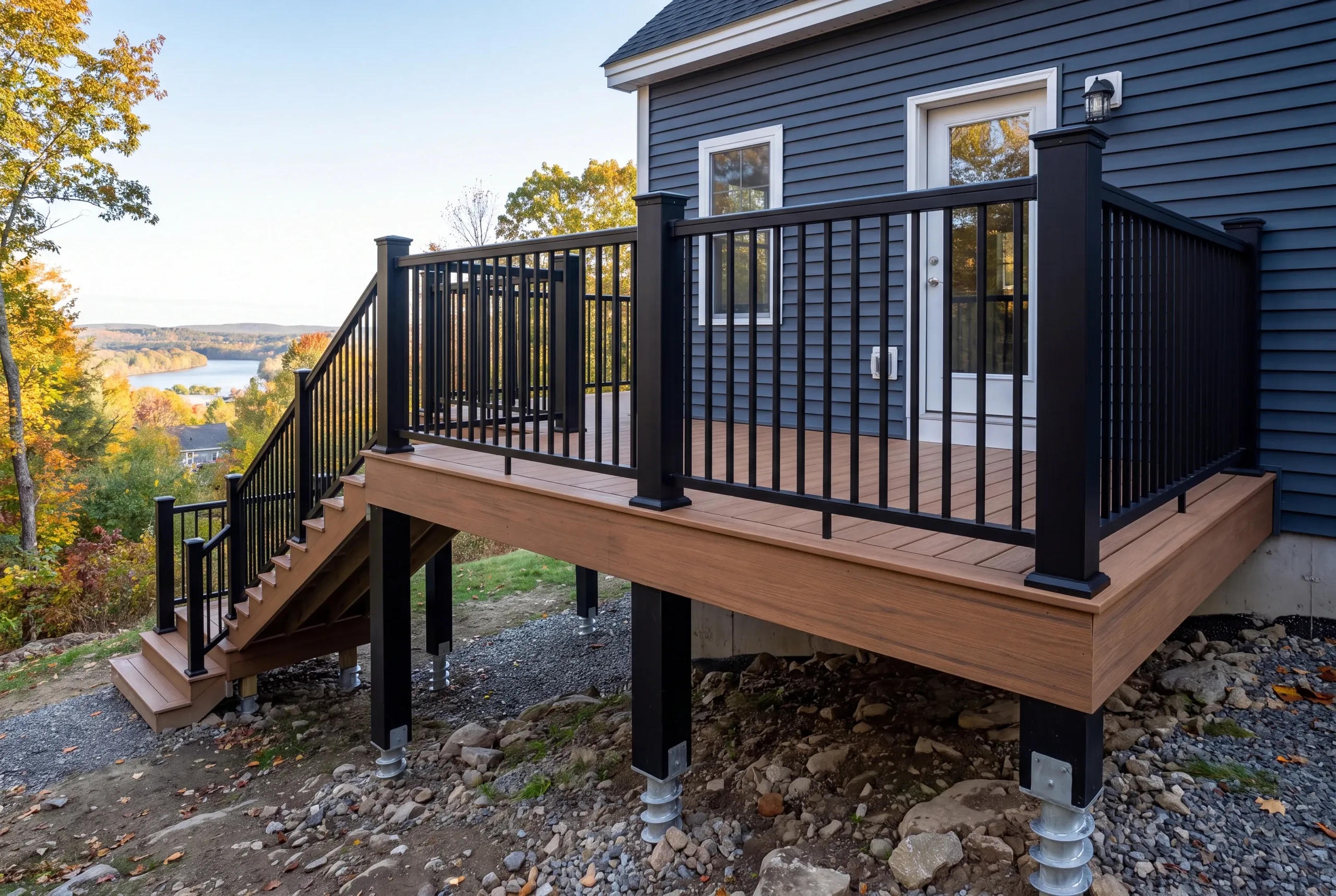 Tall deck posts set on four-foot footings on a Gardiner hillside