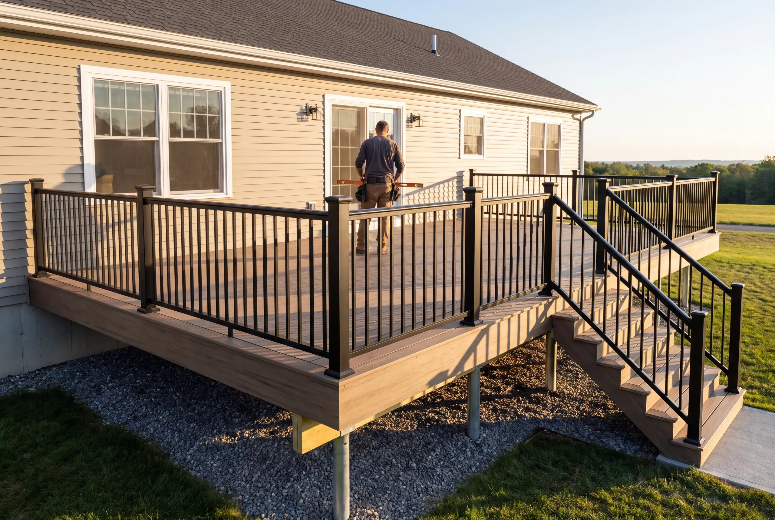 Builder checking grade and drop at the back of a Gardiner home