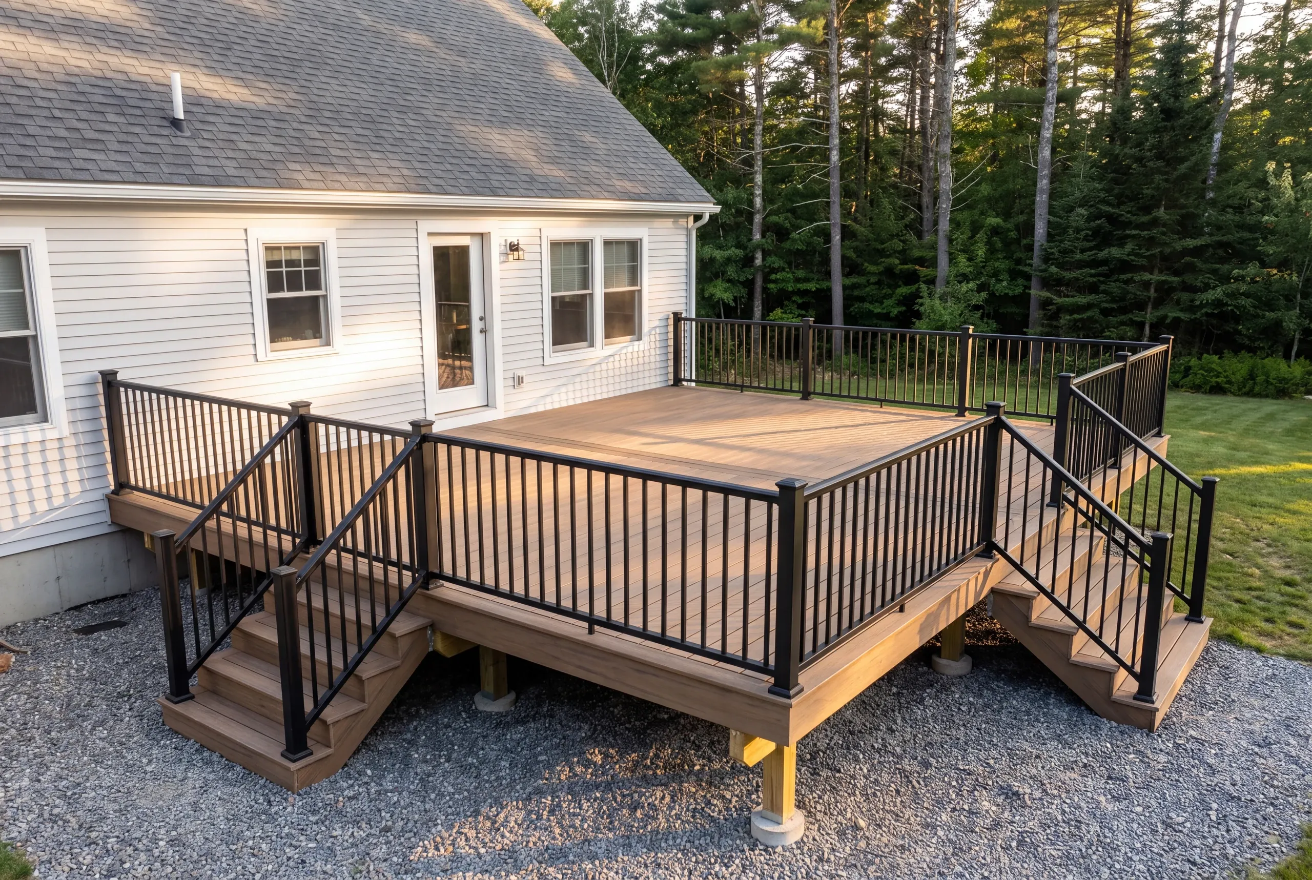 Finished composite deck with aluminum railing overlooking a Gardiner backyard