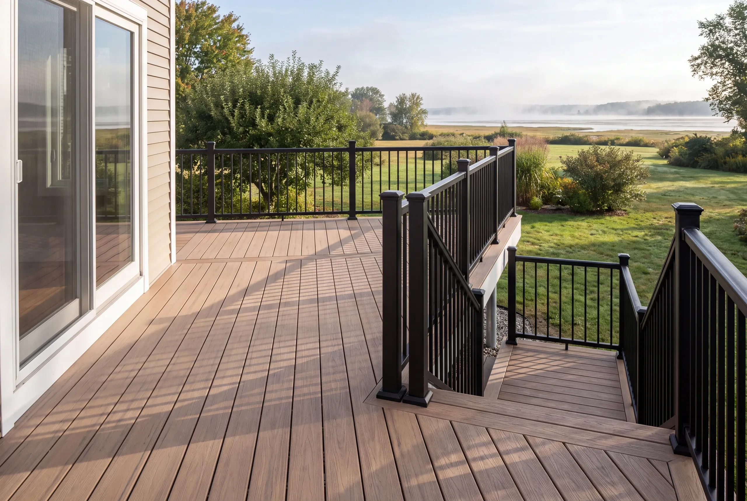 Finished deck and railing at a Gardiner home seen from the back door