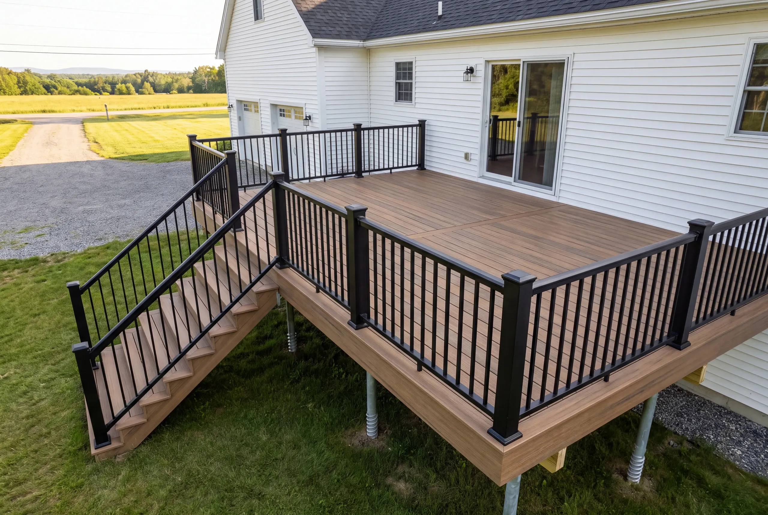 Finished deck and railing on a Gardiner, Maine home, wide view