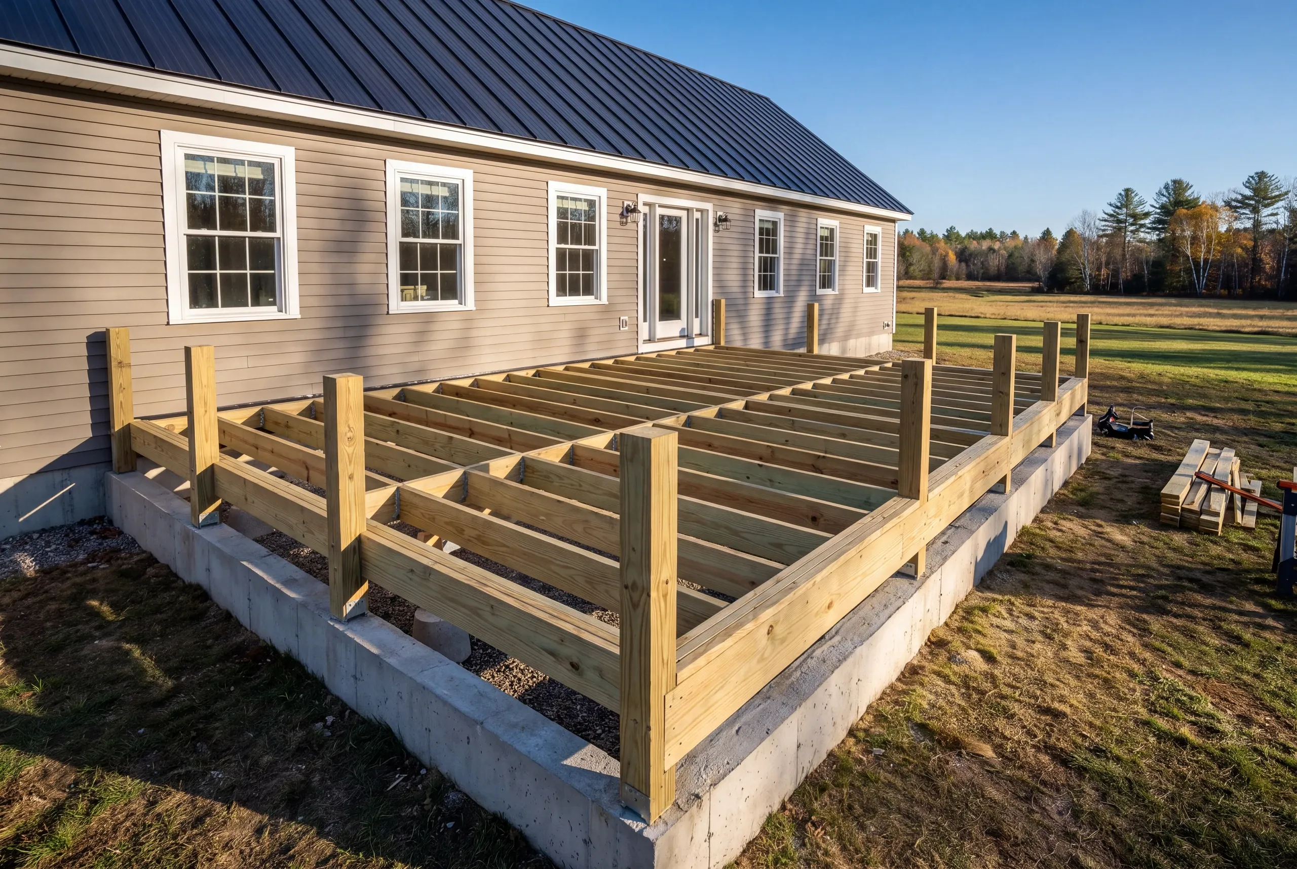 Deck builder Greene, ME crew framing a large deck on open acreage