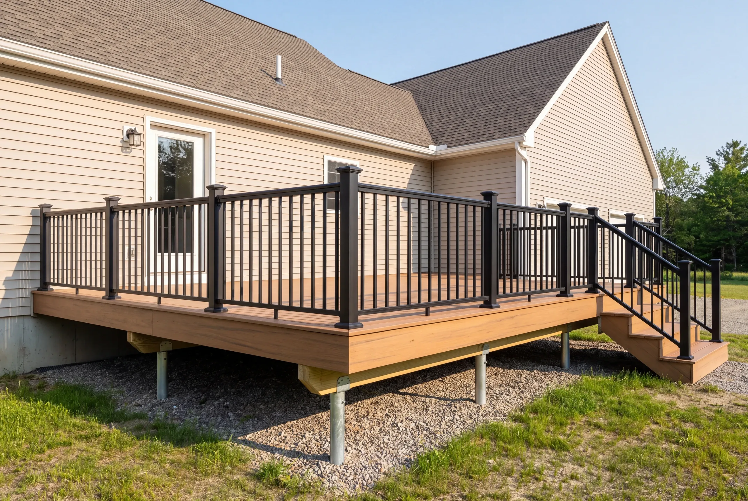 Trailer staged beside a Greene, Maine deck build with room to spare