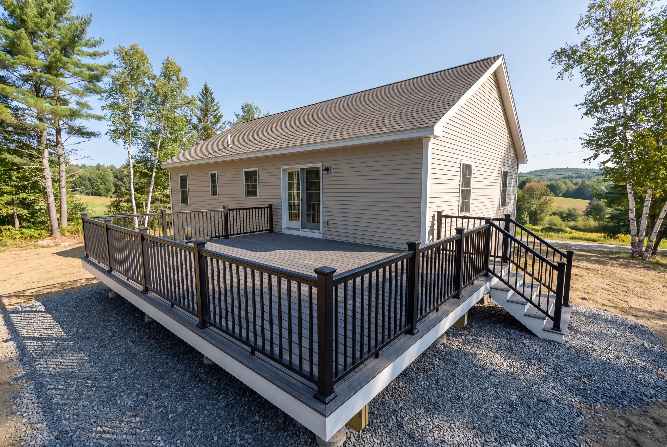 Aluminum railing on a deck facing Allen Pond in Greene, Maine