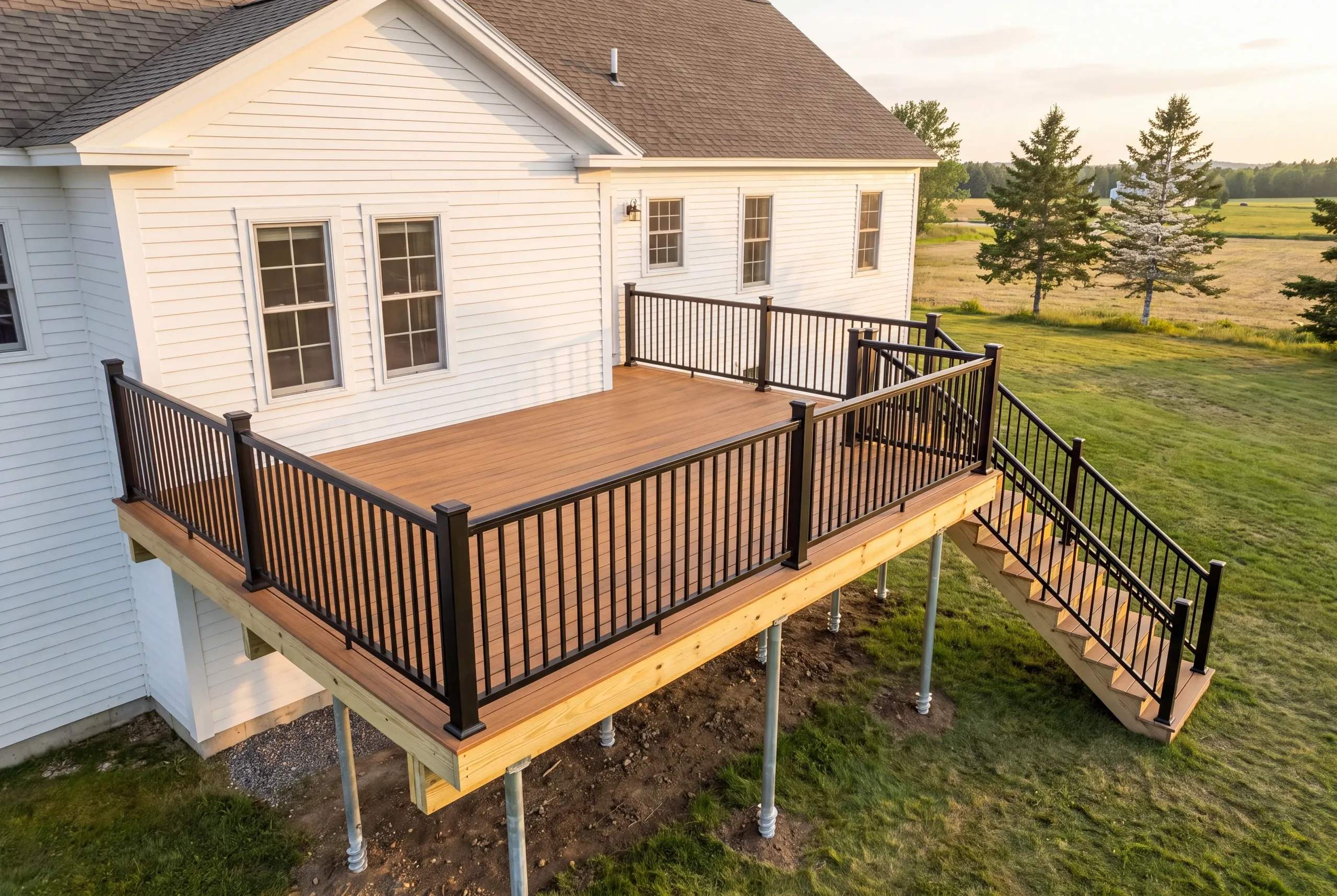 Builder and homeowner reviewing a deck layout on a Greene farm parcel