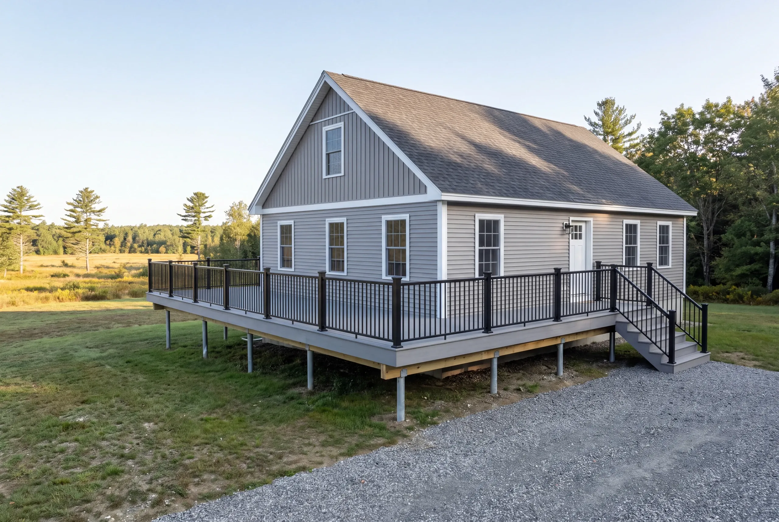 Finished composite deck behind a commuter home in Greene, Maine