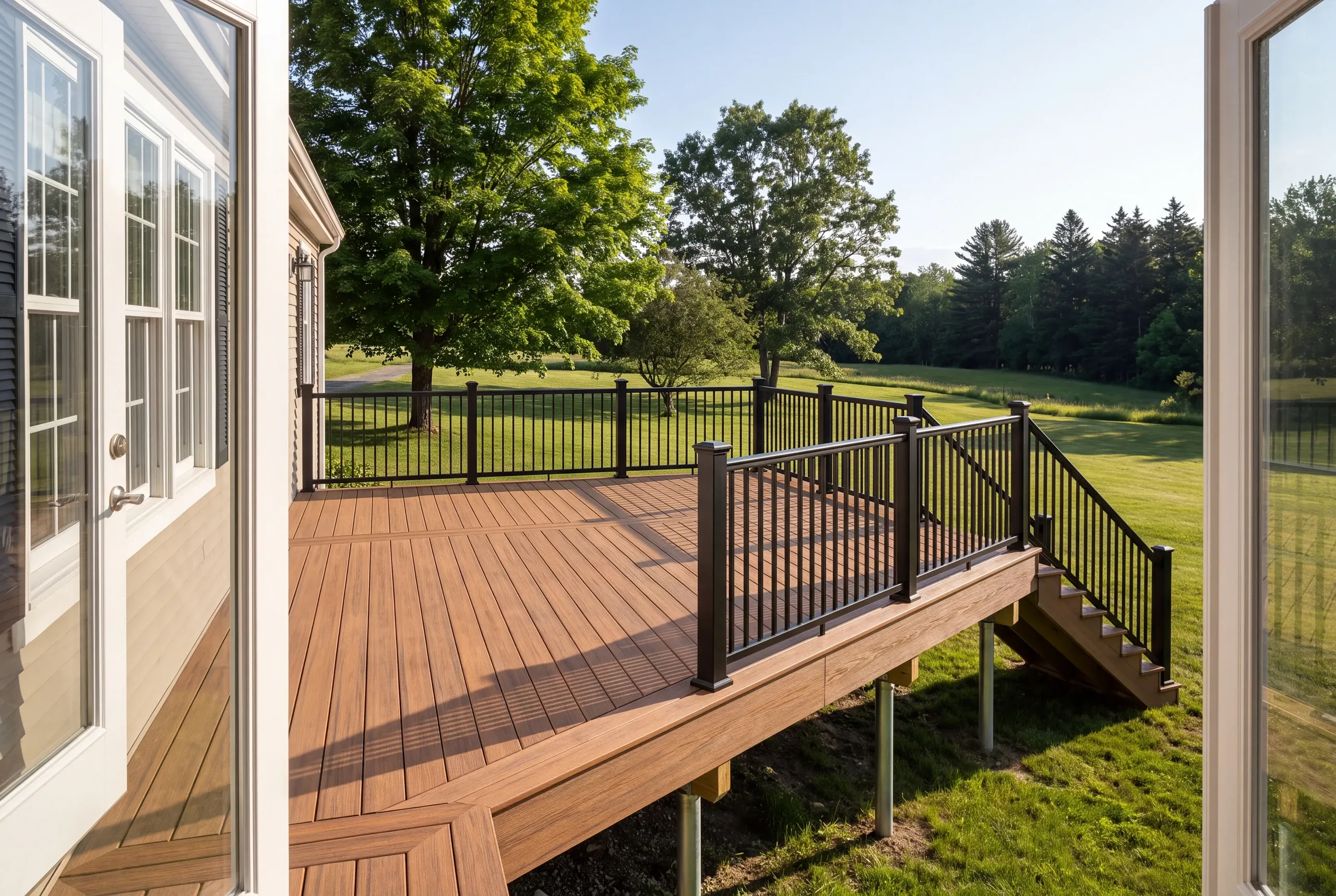 Finished deck and railing at a Greene home seen from the back door