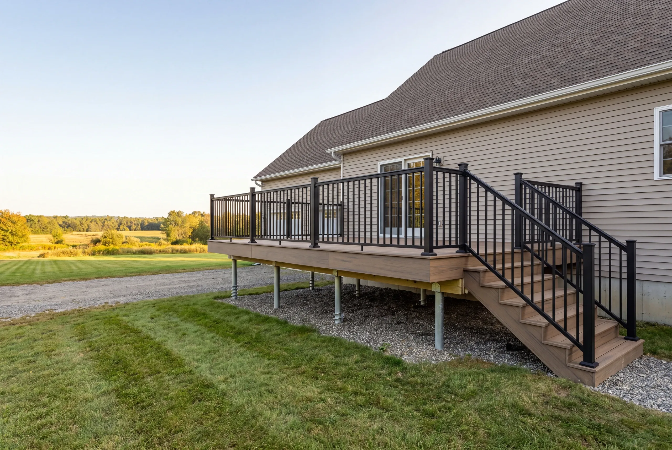 Finished deck and railing on a Greene, Maine home, wide view