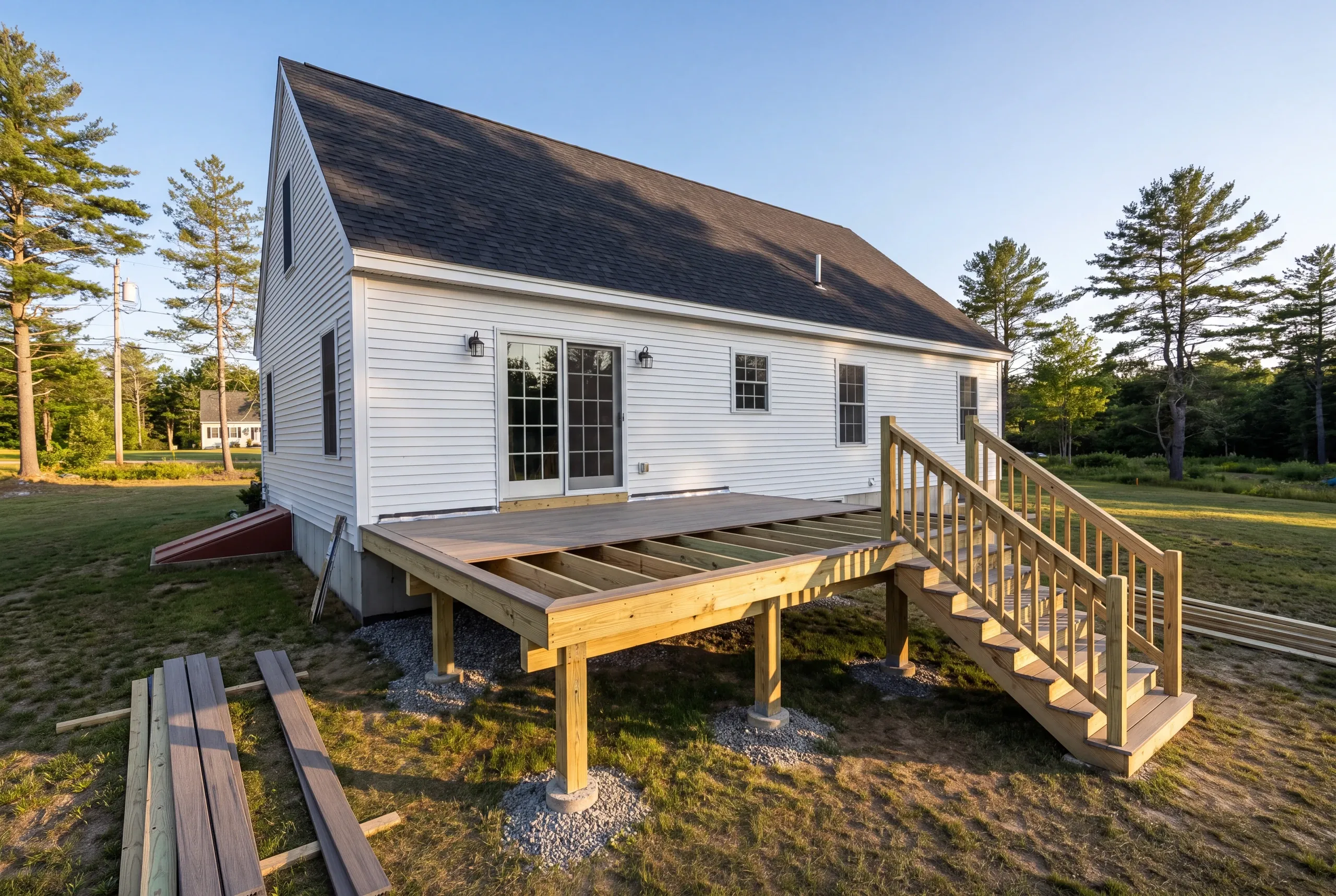 Deck builder installing composite decking on a Central Maine home
