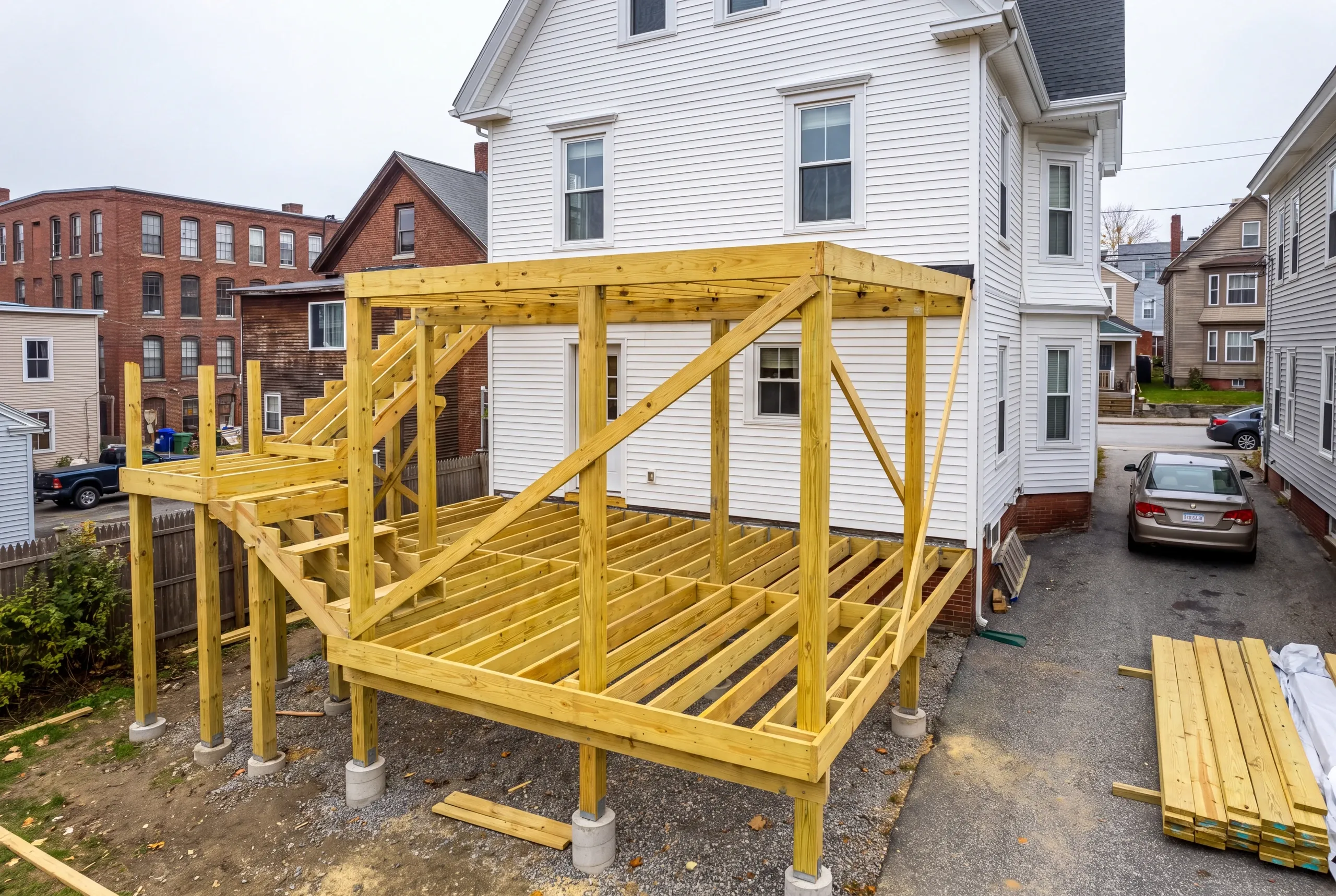 Deck builder Lewiston, ME crew framing a rear deck on a tight city lot