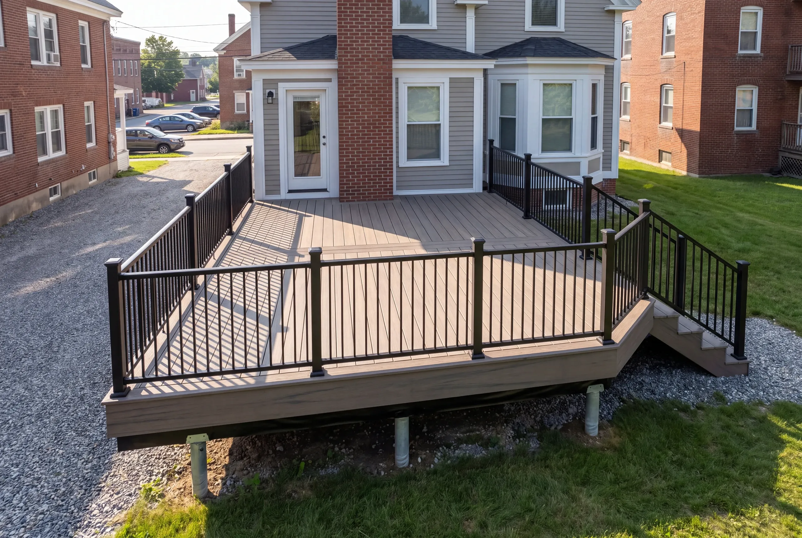 Materials staged along a narrow driveway for a Lewiston deck build