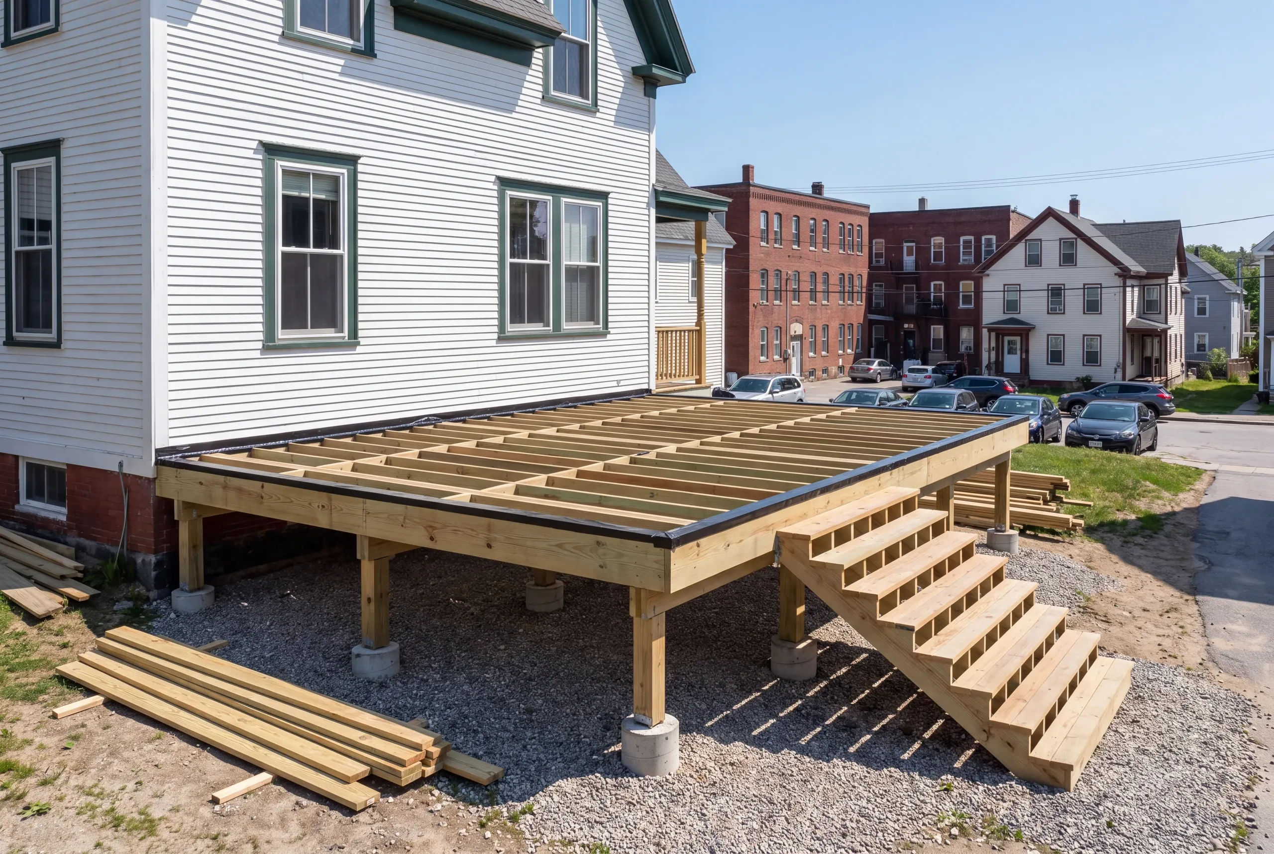 Ledger flashed into sound framing on an older Lewiston, Maine house