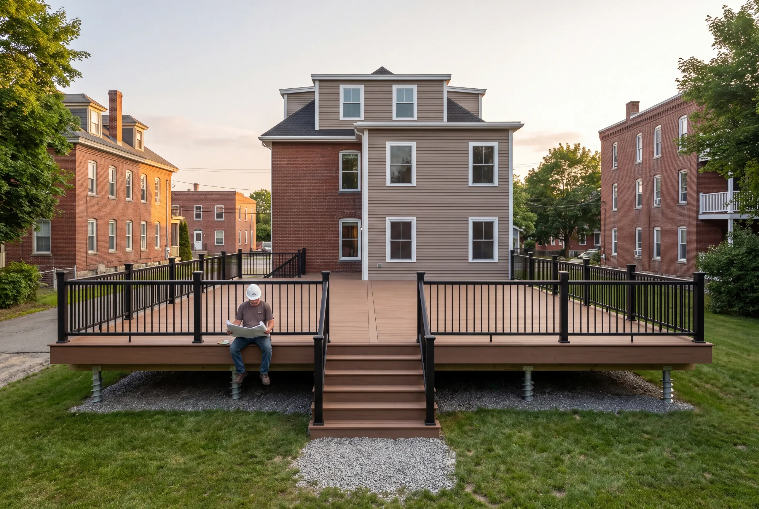 Builder reviewing a permit set before starting a Lewiston deck