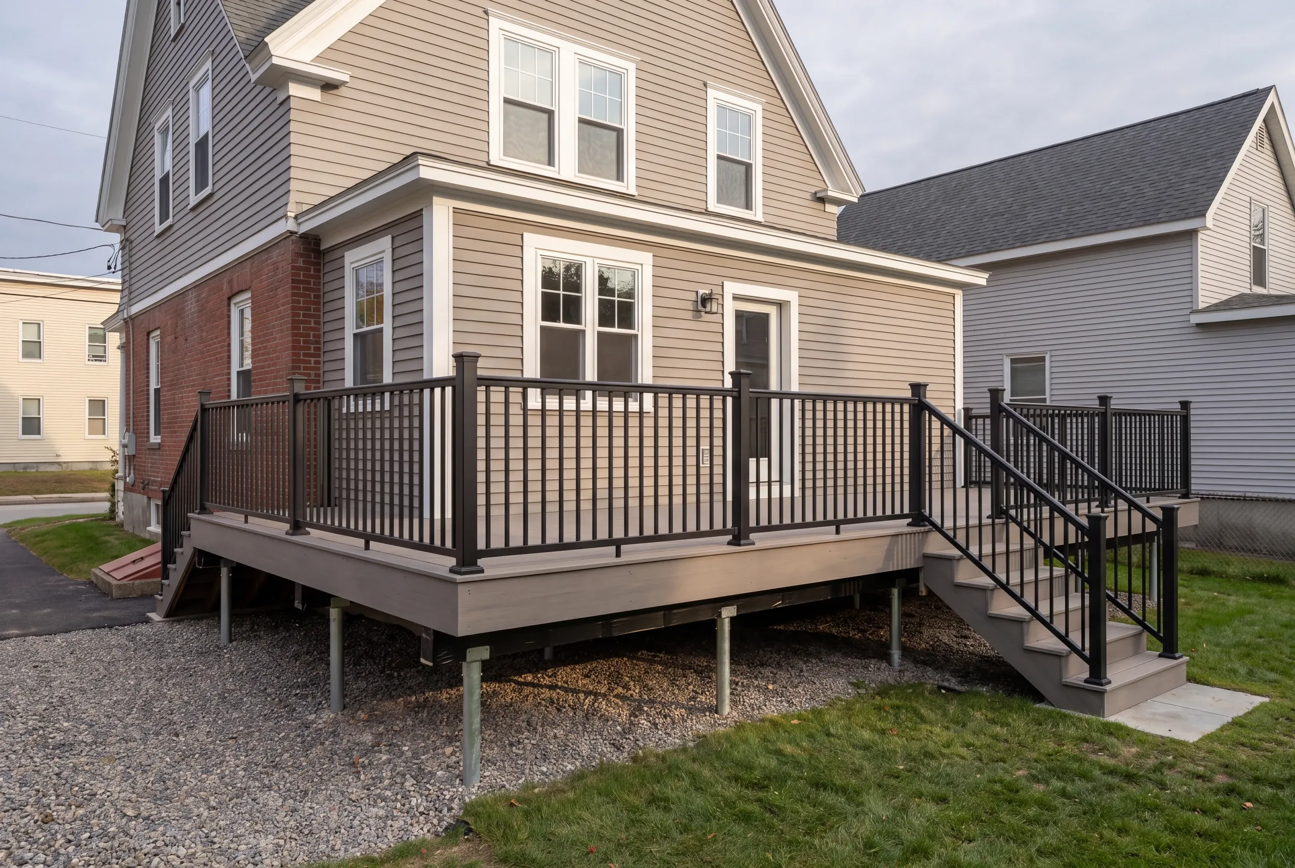 Finished PVC deck behind a Victorian home in Lewiston, Maine